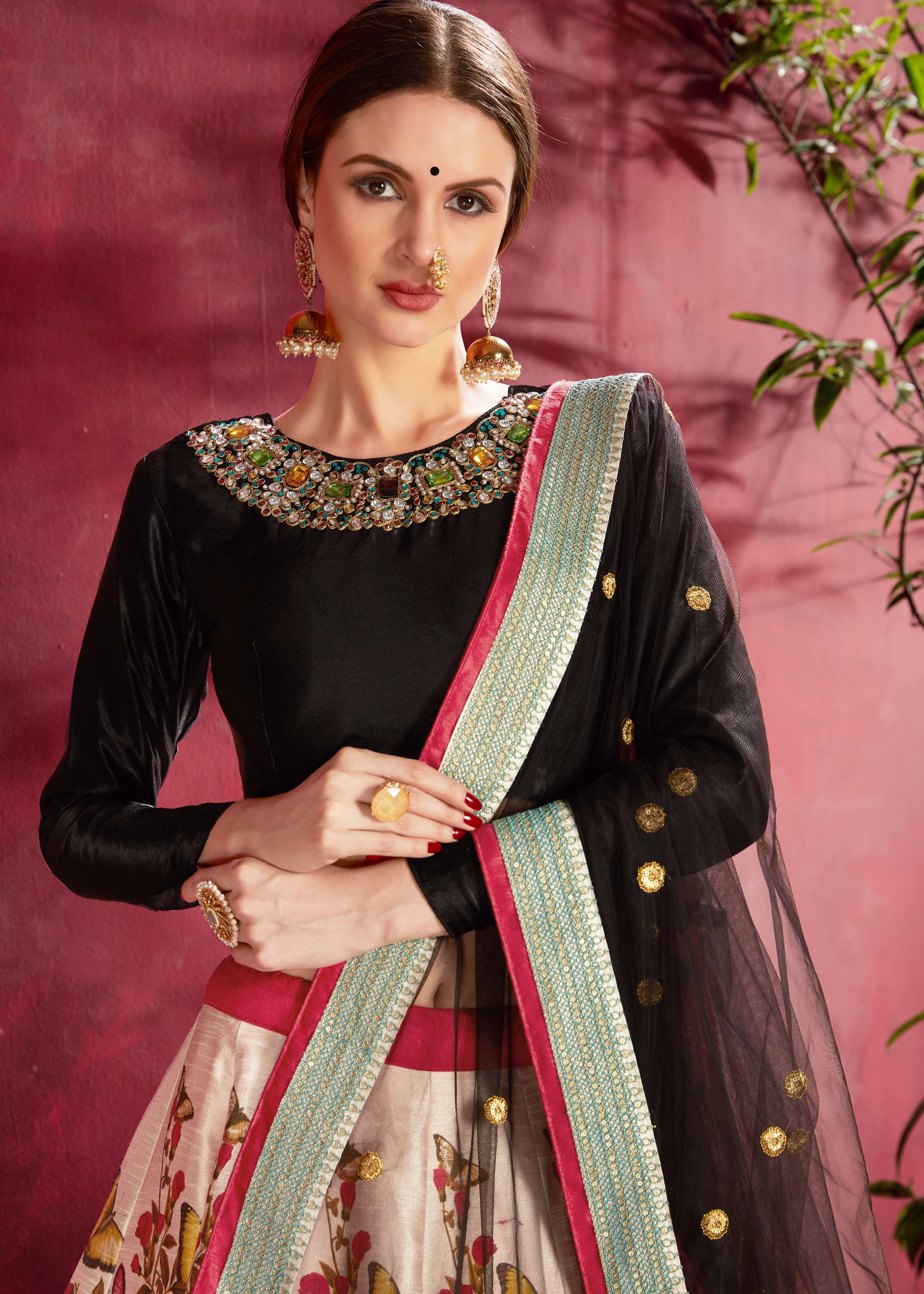 Black-Multicolor Lehenga Choli With Floral Print, Dori, Zari And Sequins Embroidery | Diamond Work Neckline Blouse