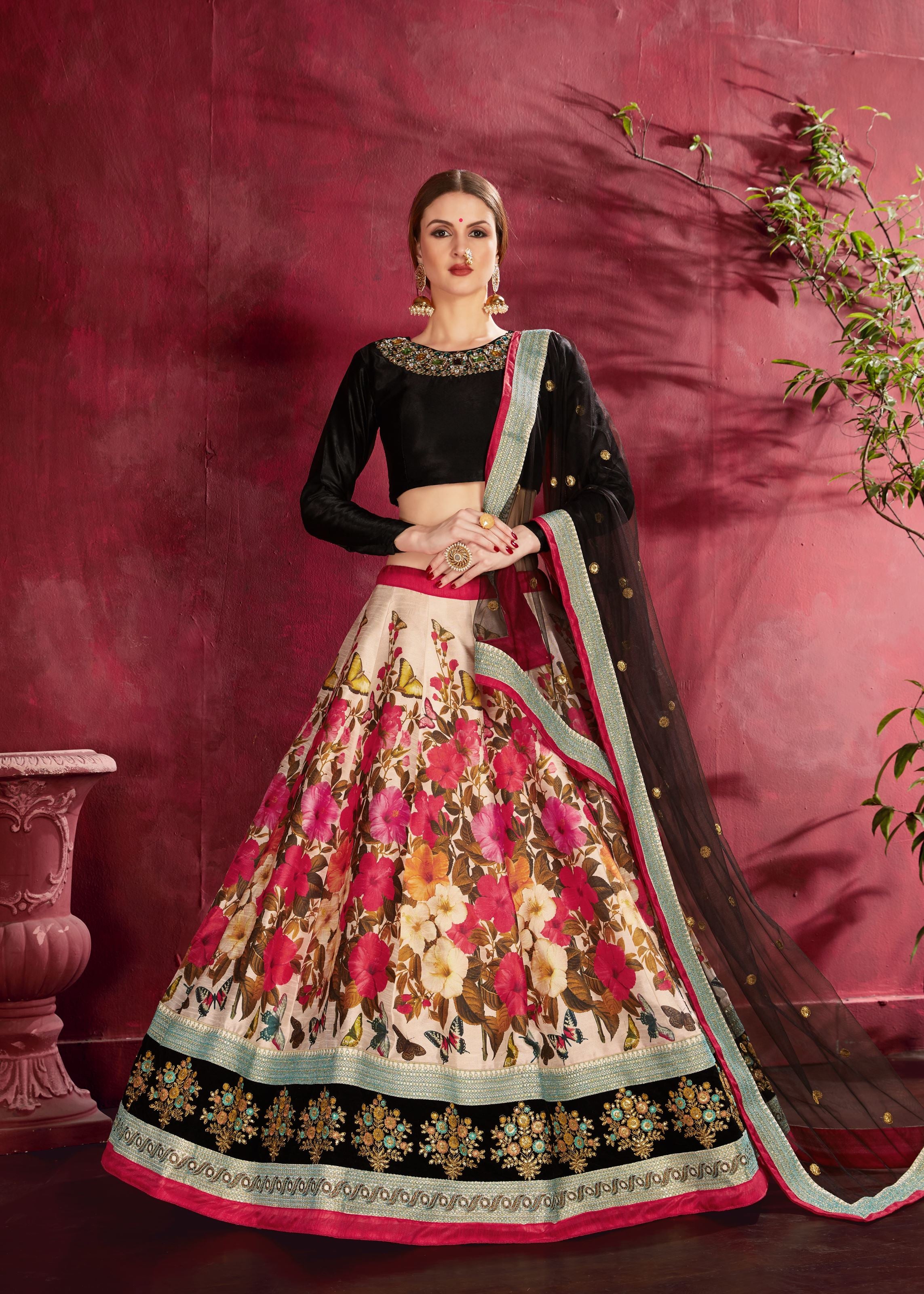 Black-Multicolor Lehenga Choli With Floral Print, Dori, Zari And Sequins Embroidery | Diamond Work Neckline Blouse