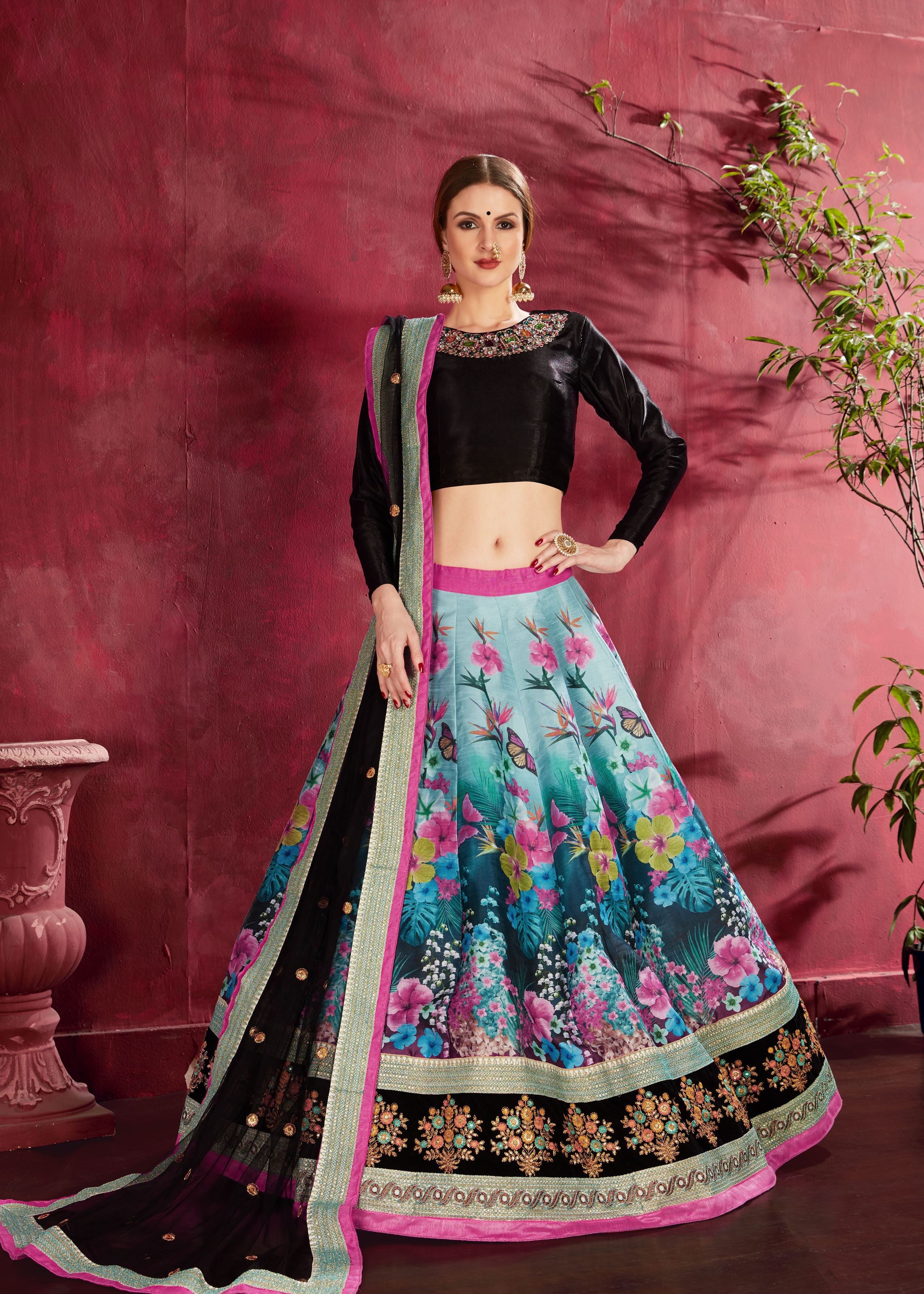 Black-Multicolor Lehenga Choli With Floral Print, Dori, Zari And Sequins Embroidery | Diamond Work Neckline Blouse
