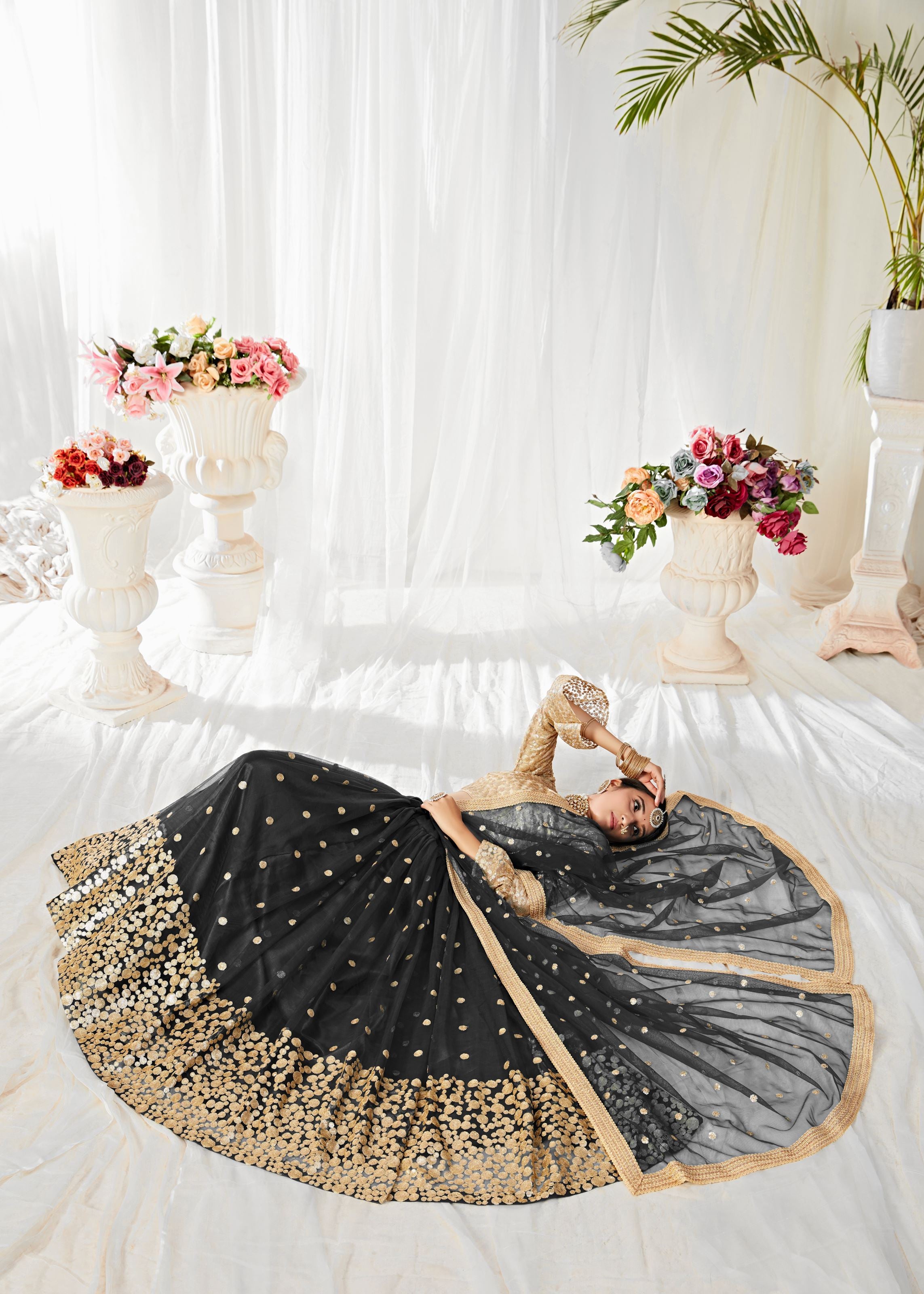 Black And Golden Lehenga Choli With Sequins And Thread Embroidered Work