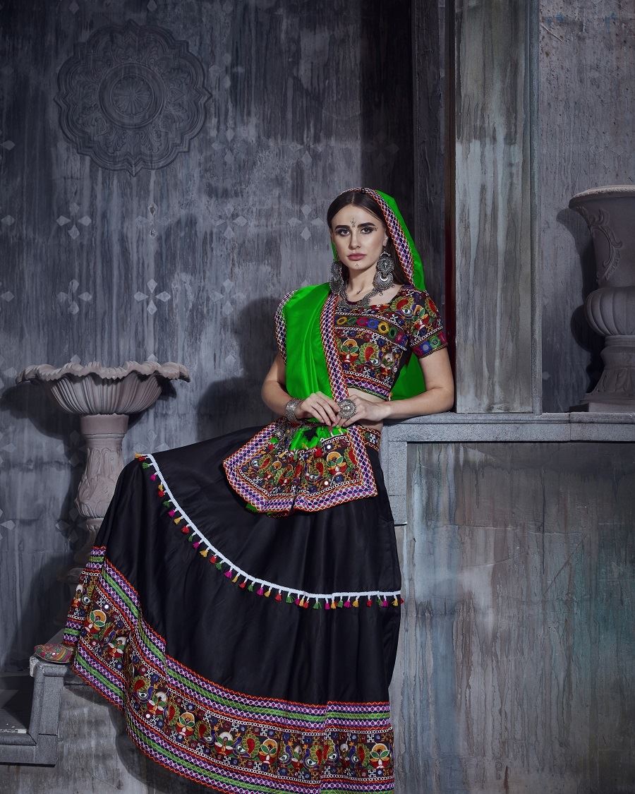 Black And Green Navratri Chaniya Choli With Gamthi Work And Lace Work