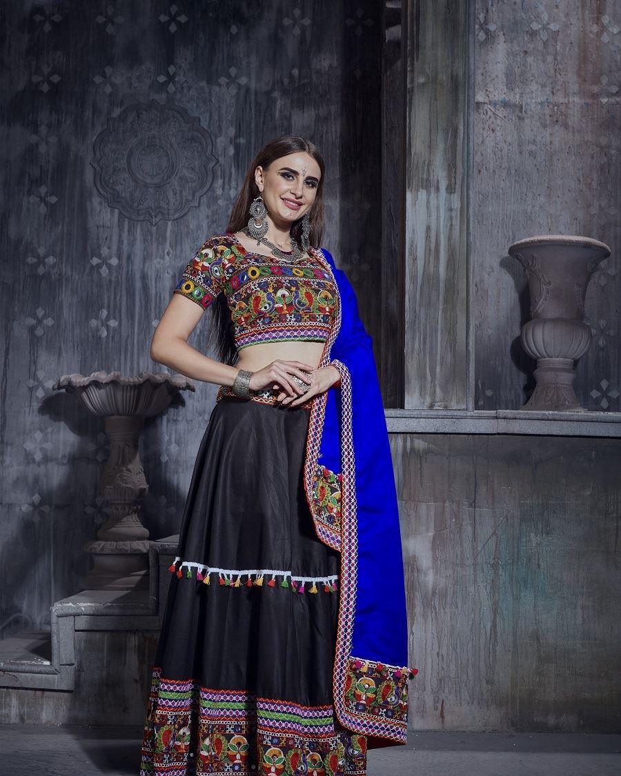 Black And Royal Blue Navratri Chaniya Choli With Gamthi Work And Lace Work