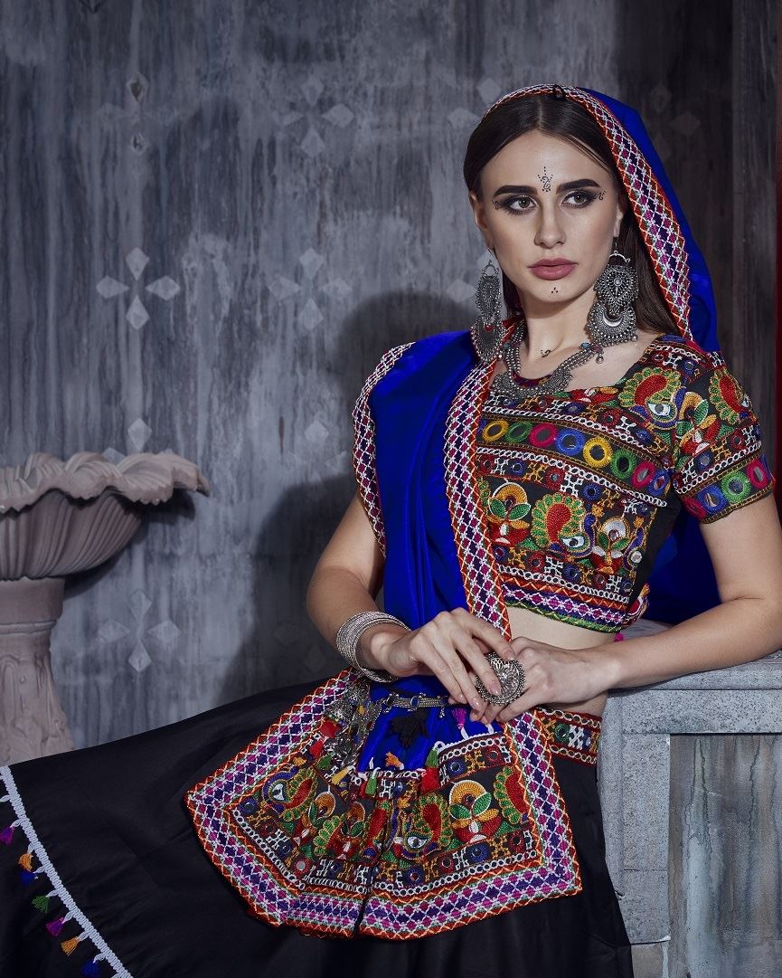 Black And Royal Blue Navratri Chaniya Choli With Gamthi Work And Lace Work