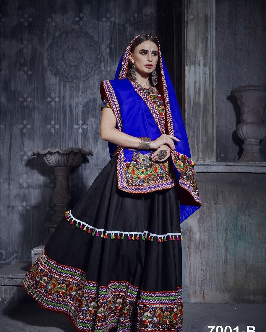 Black And Royal Blue Navratri Chaniya Choli With Gamthi Work And Lace Work