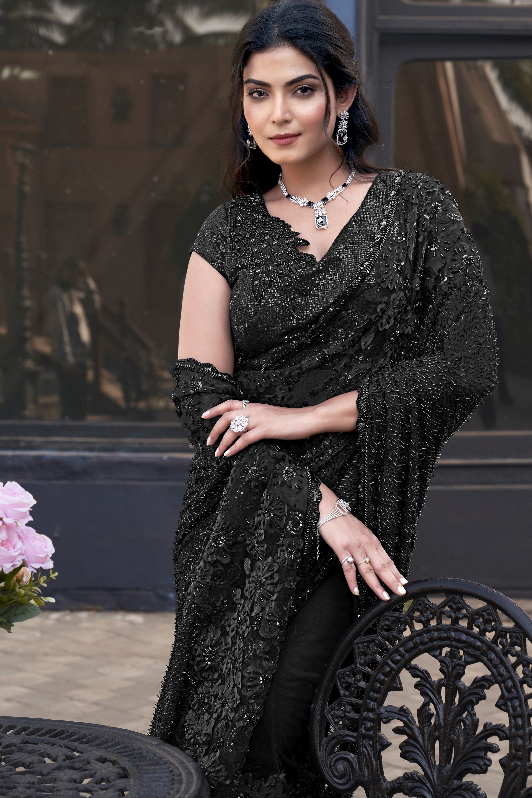 Black Armani Tulle Designer Sequance Embroidery With Applique With Beads Work Wedding Season Saree