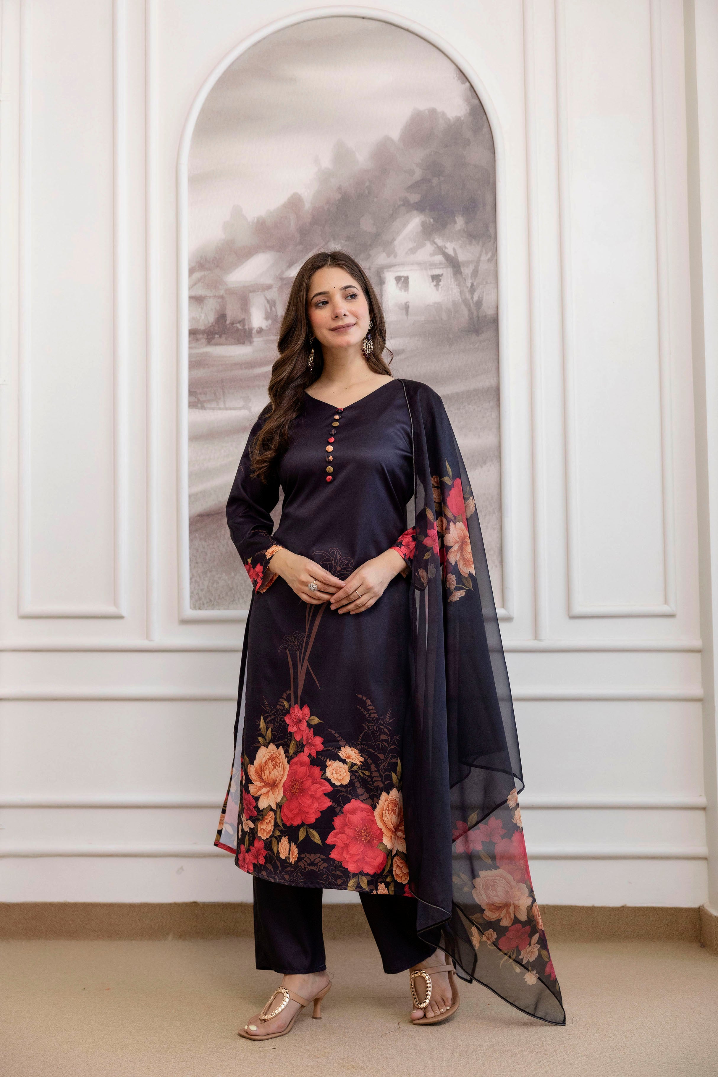 Black Assam Silk Kurta Pant Set Printed