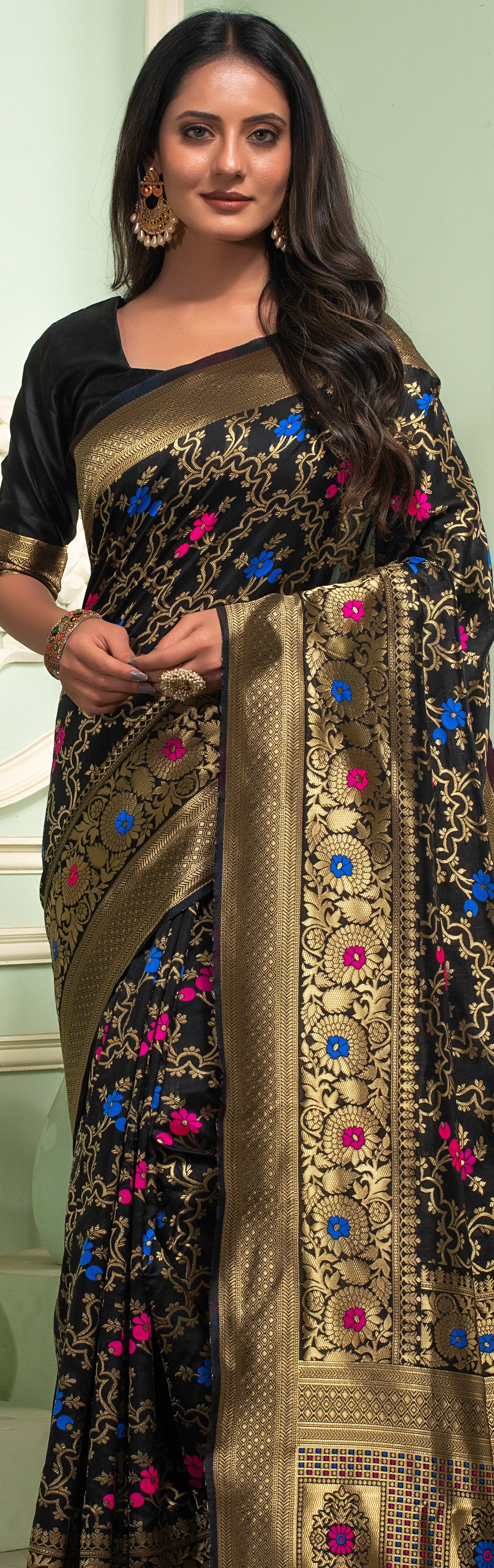 Black Banarasi Silk Saree with Jacquard Woven Work
