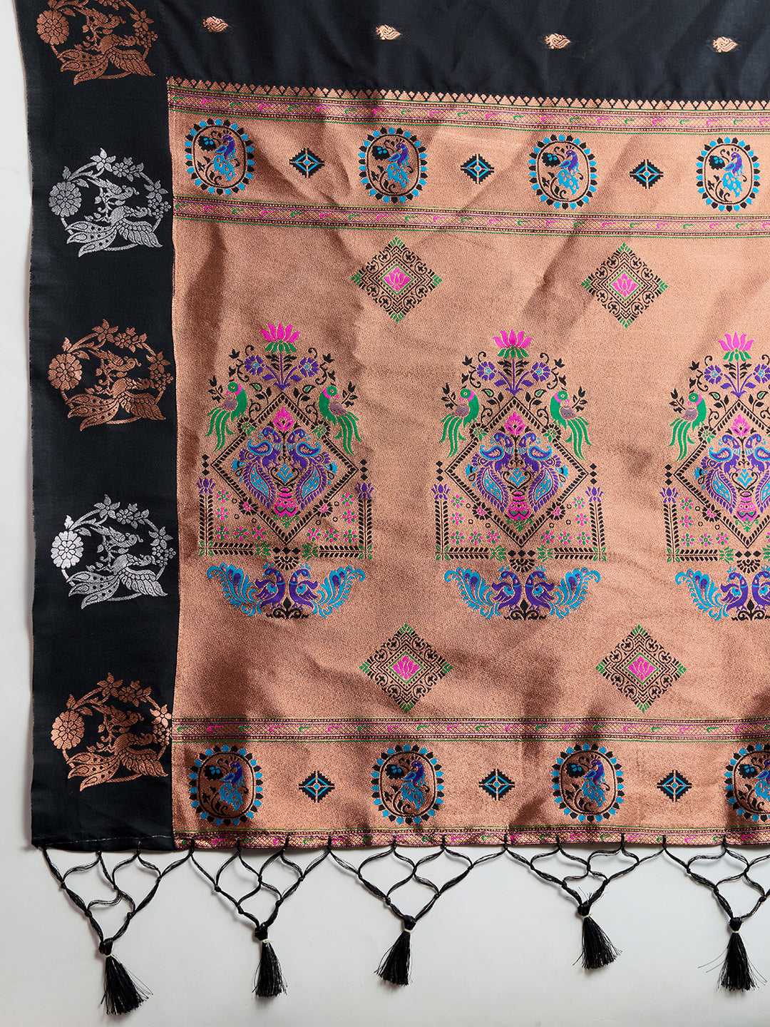 Black Banarasi Silk Saree with Silver Butti and Paithani Pallu