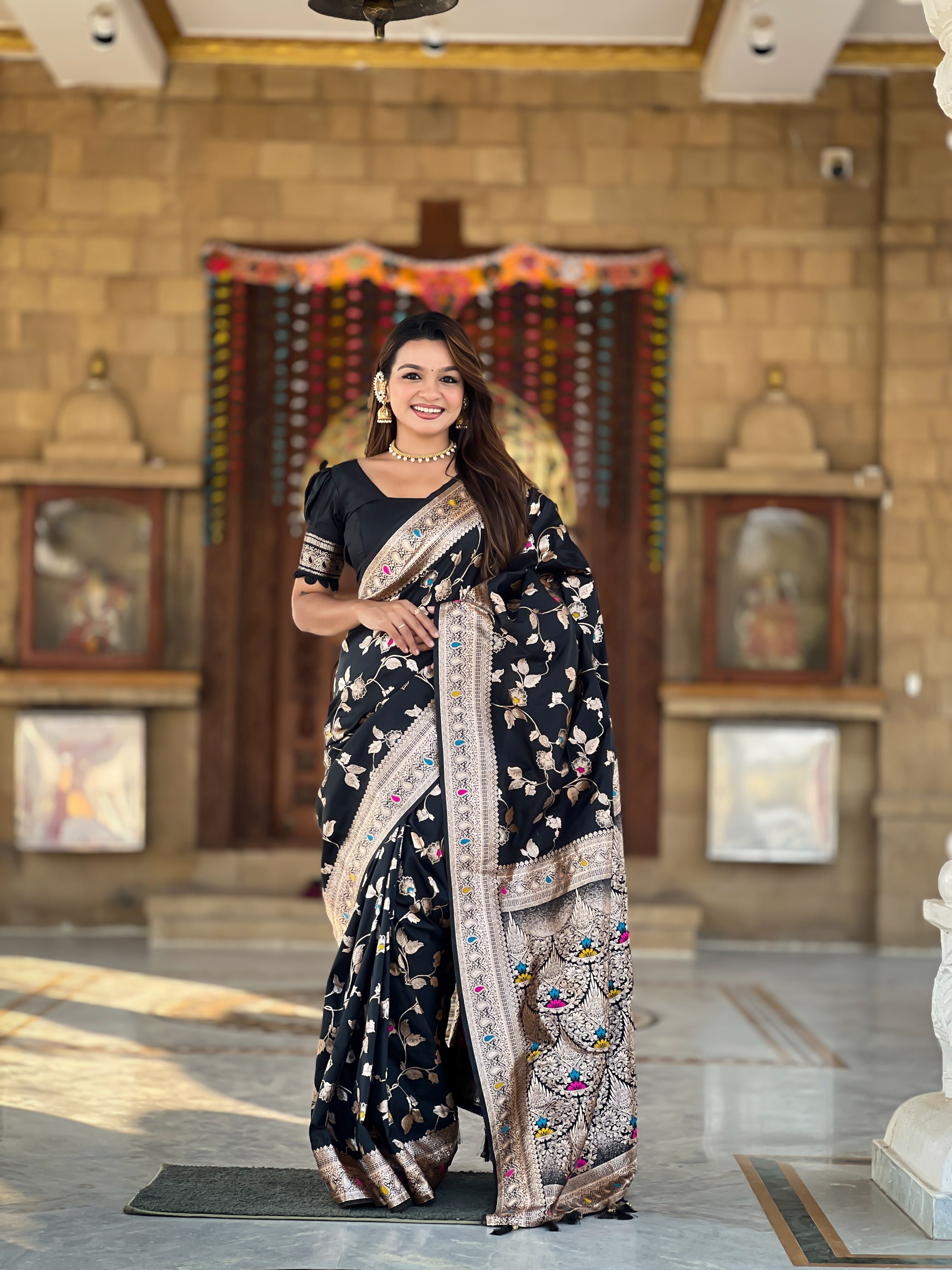 Black Banarasi Silk Woven Jacquard Designer Ceremonial Partywear Saree