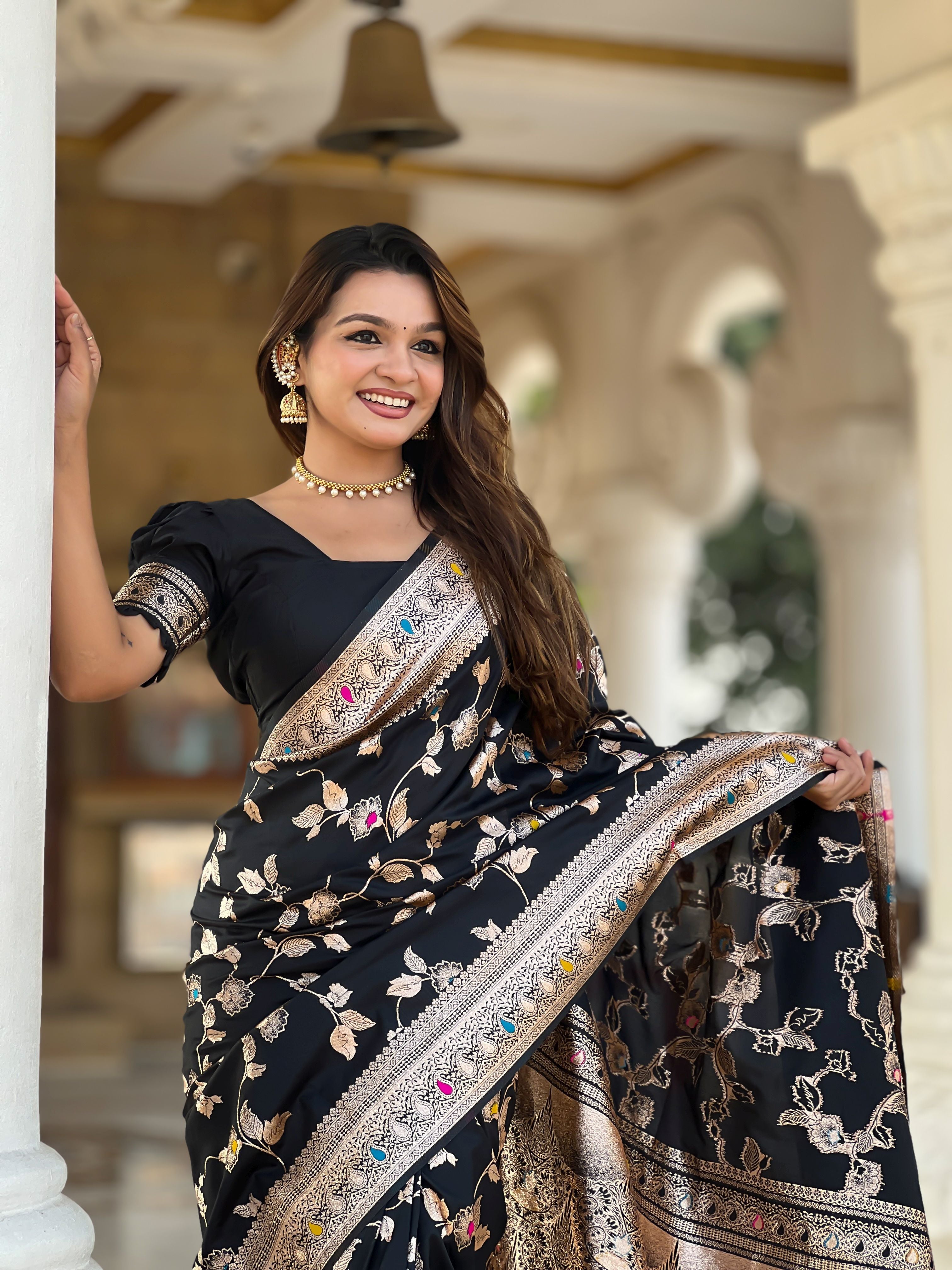 Black Banarasi Silk Woven Jacquard Designer Ceremonial Partywear Saree