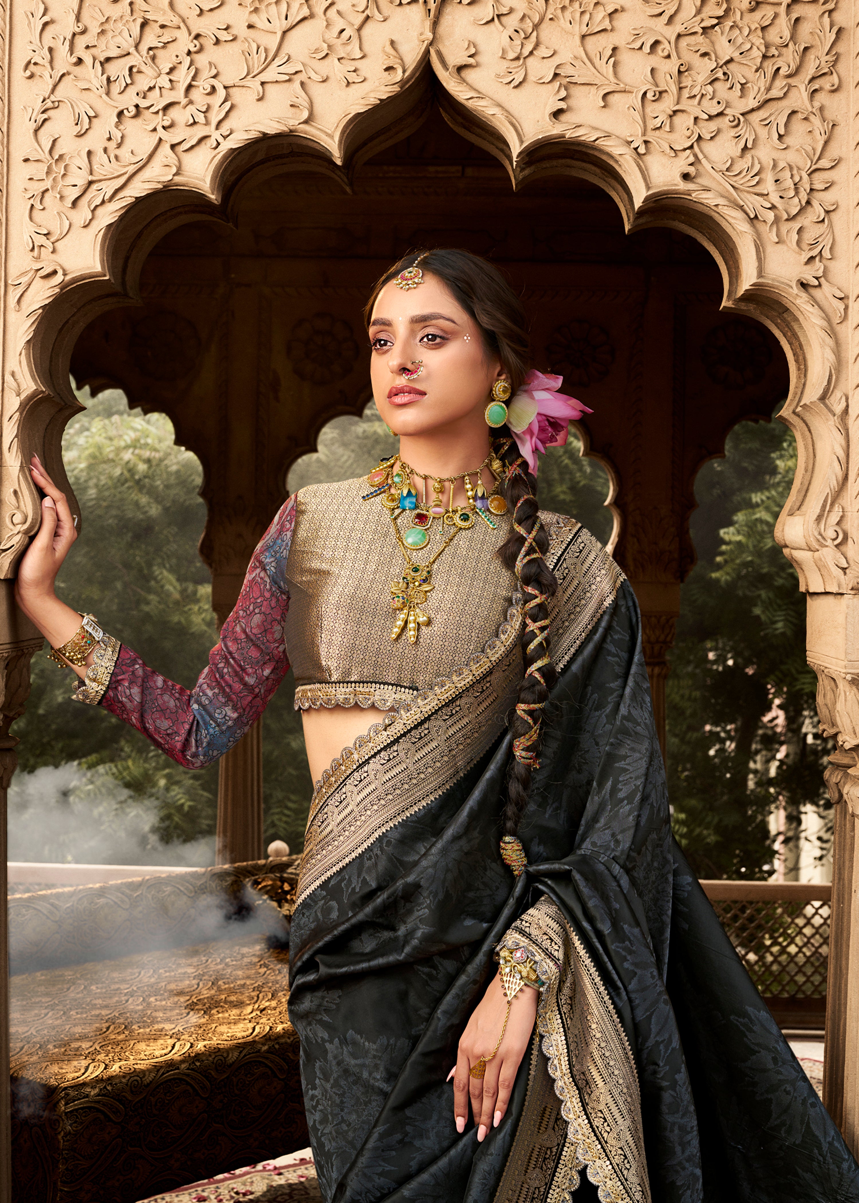 Black Banarasi Soft Silk Saree with Woven Lace Border