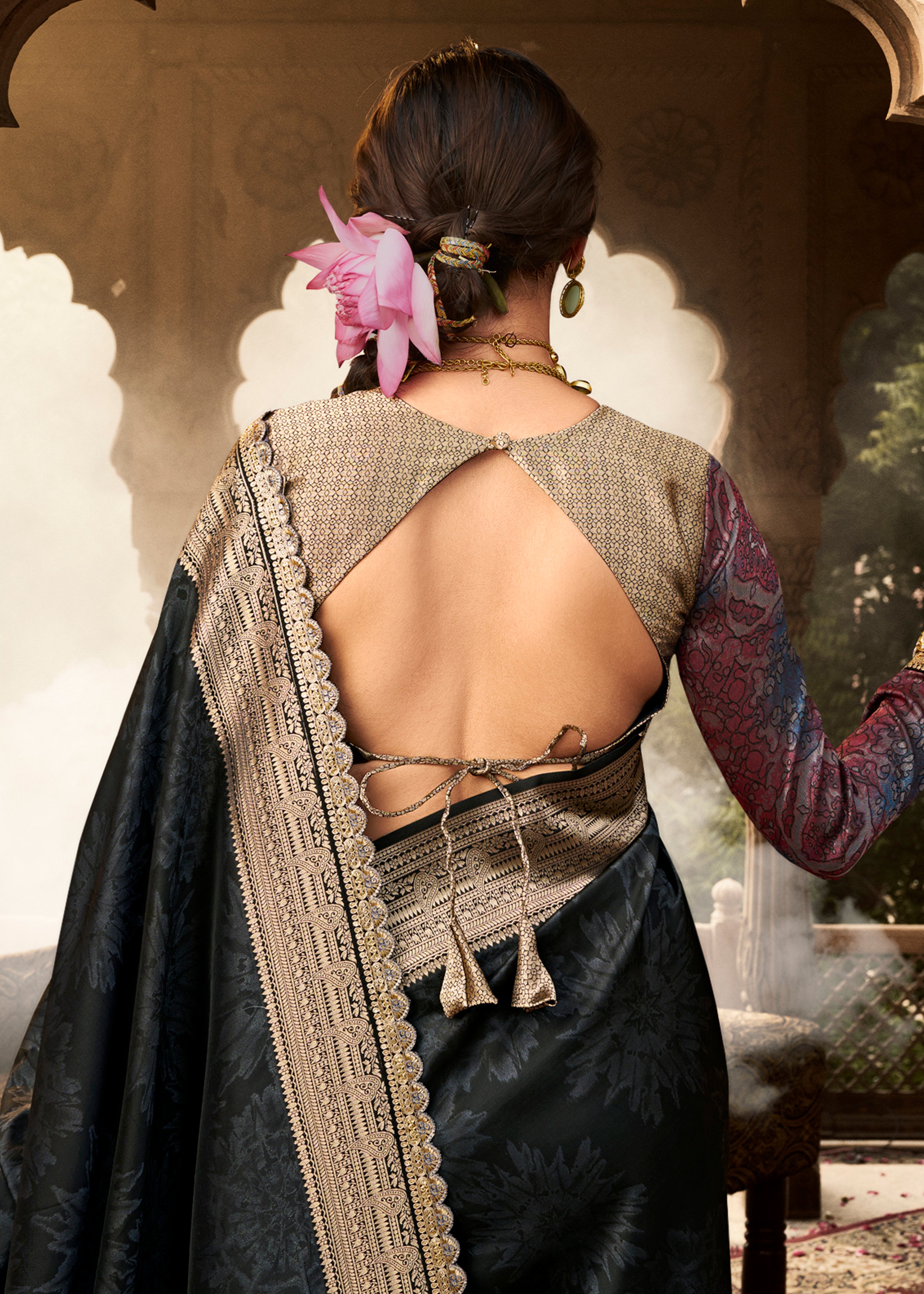 Black Banarasi Soft Silk Saree with Woven Lace Border