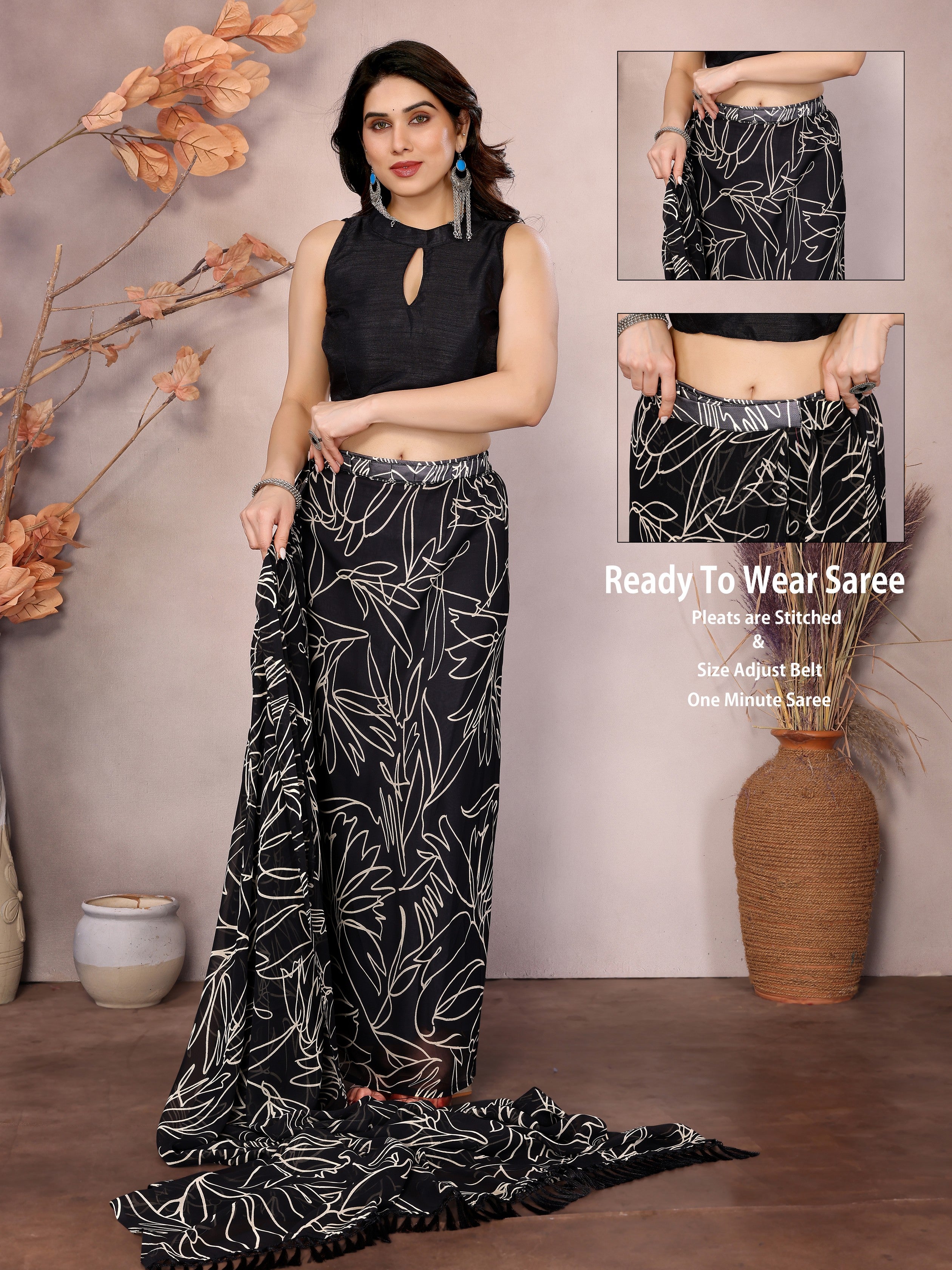 Black Beautiful Designer Printed Ready To Wear Saree For Fancy Looks