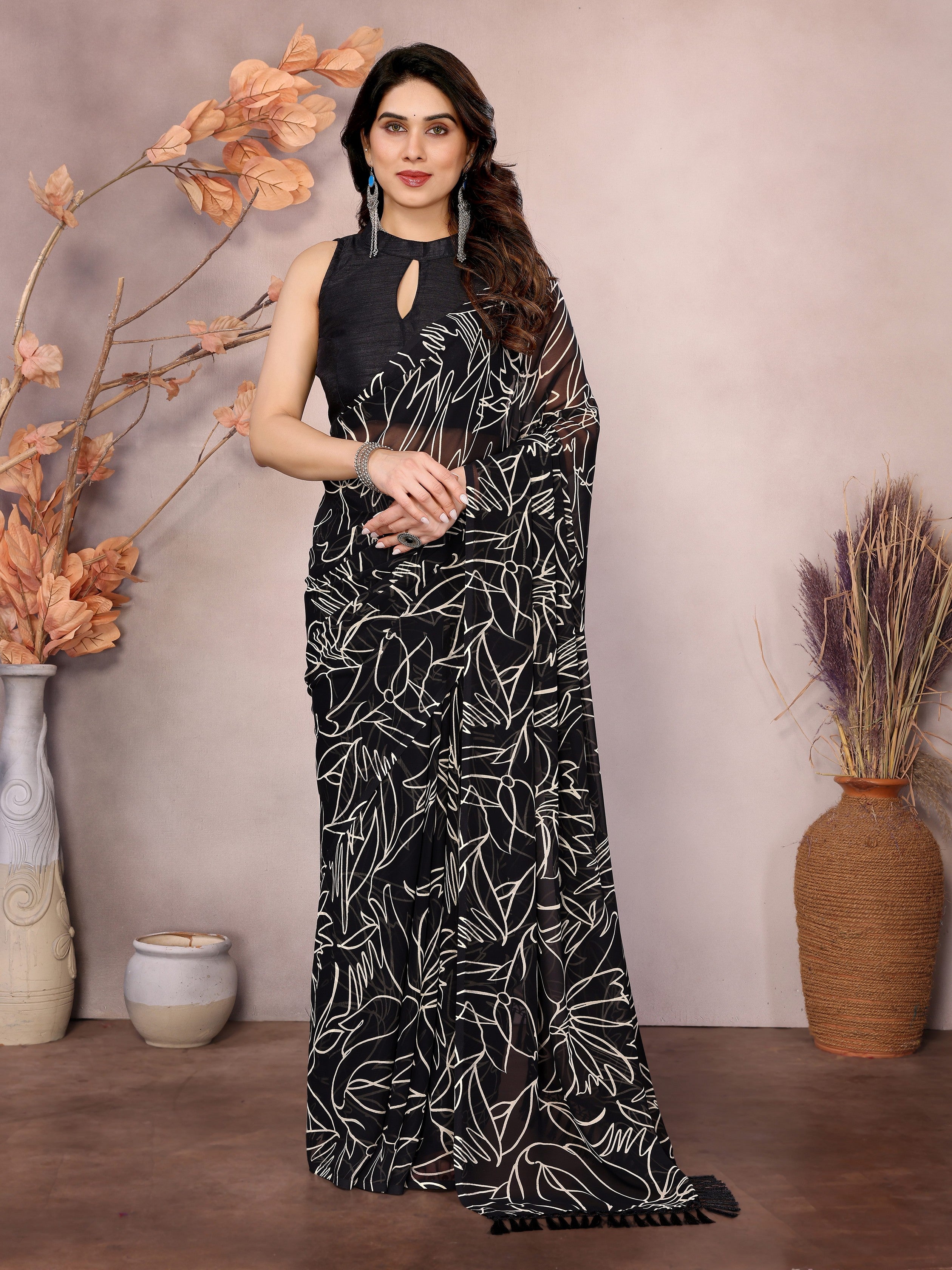 Black Beautiful Designer Printed Ready To Wear Saree For Fancy Looks
