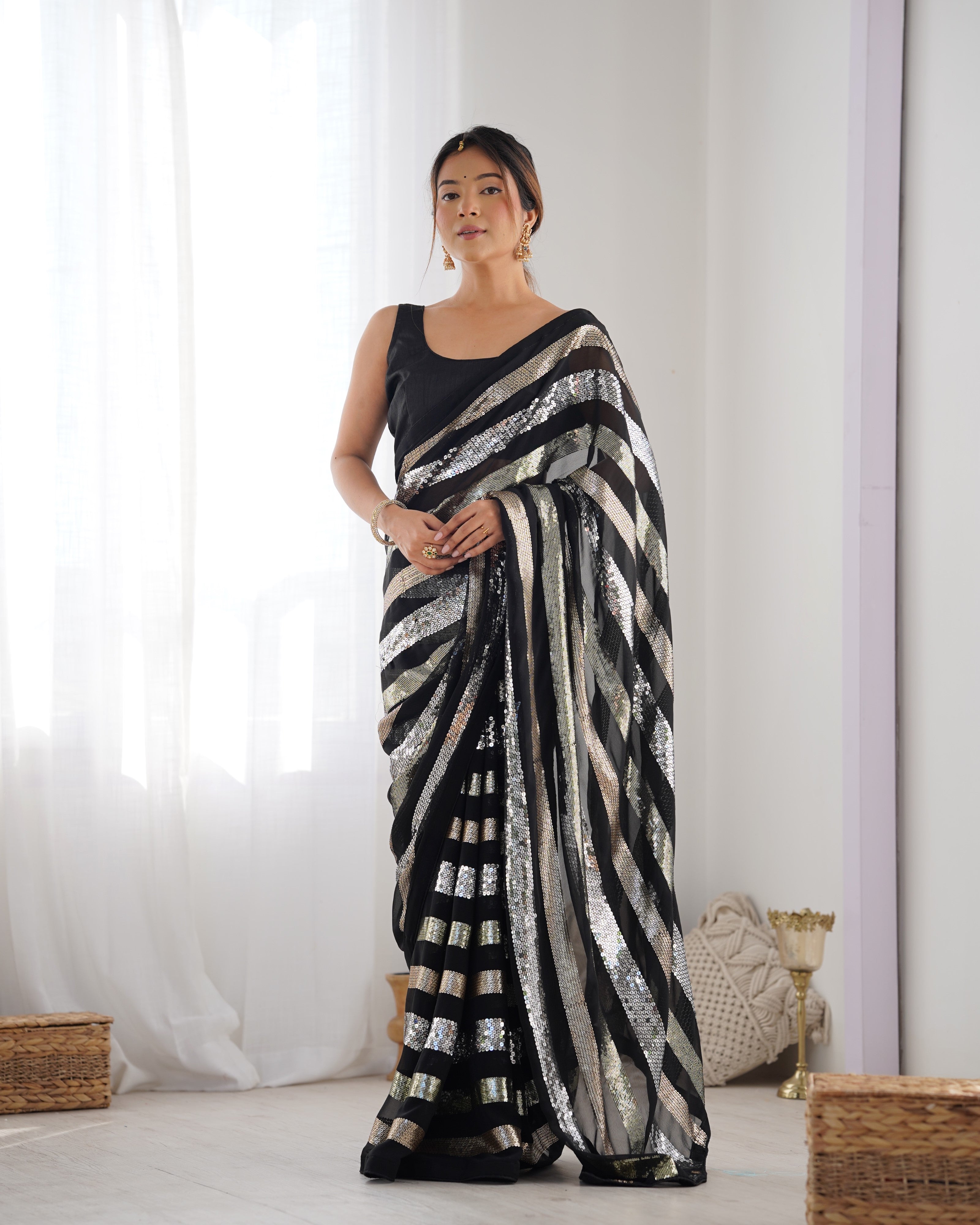 Black Beautiful Georgette Fabric Sequins Work Ceremonial Saree