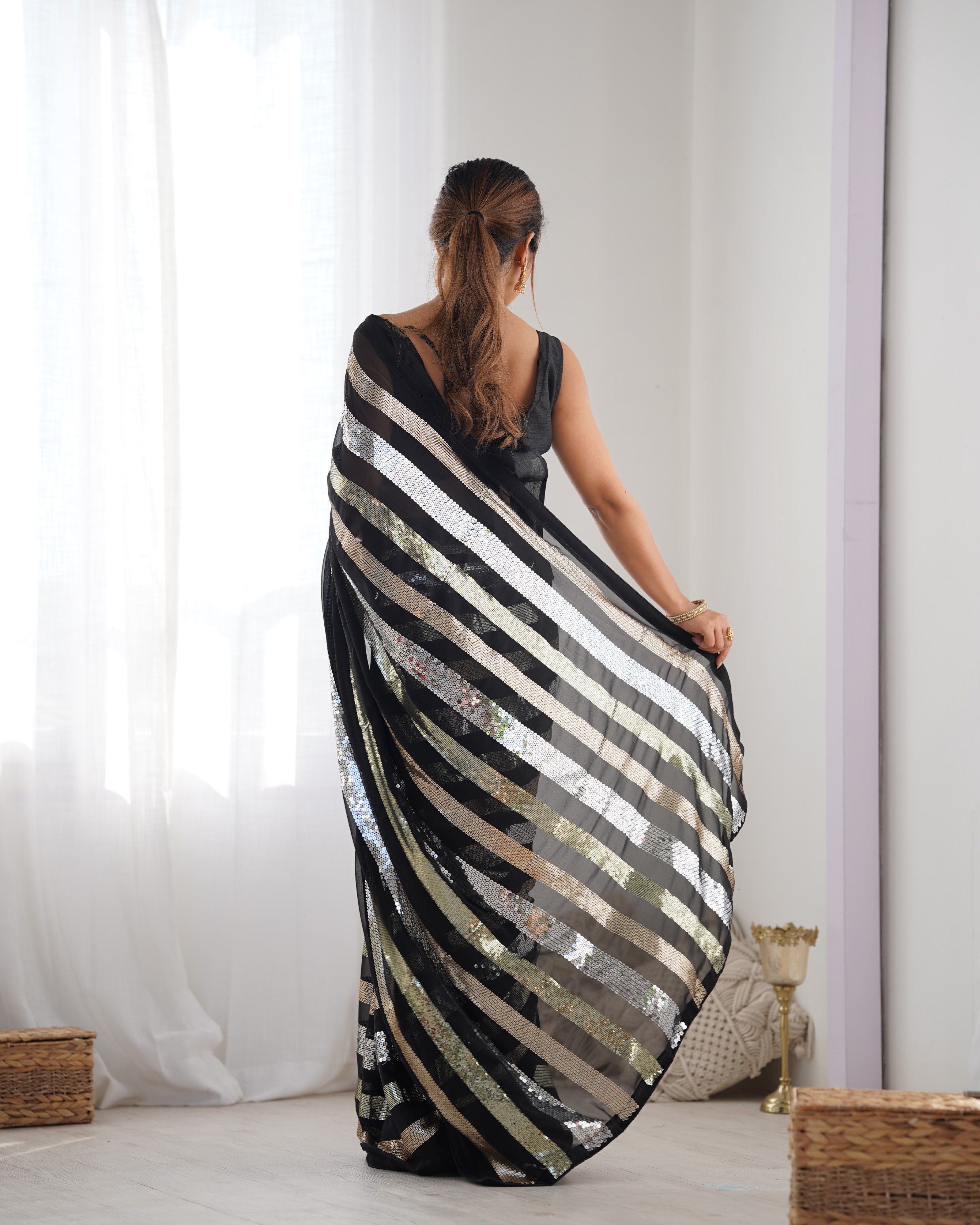 Black Beautiful Georgette Fabric Sequins Work Ceremonial Saree