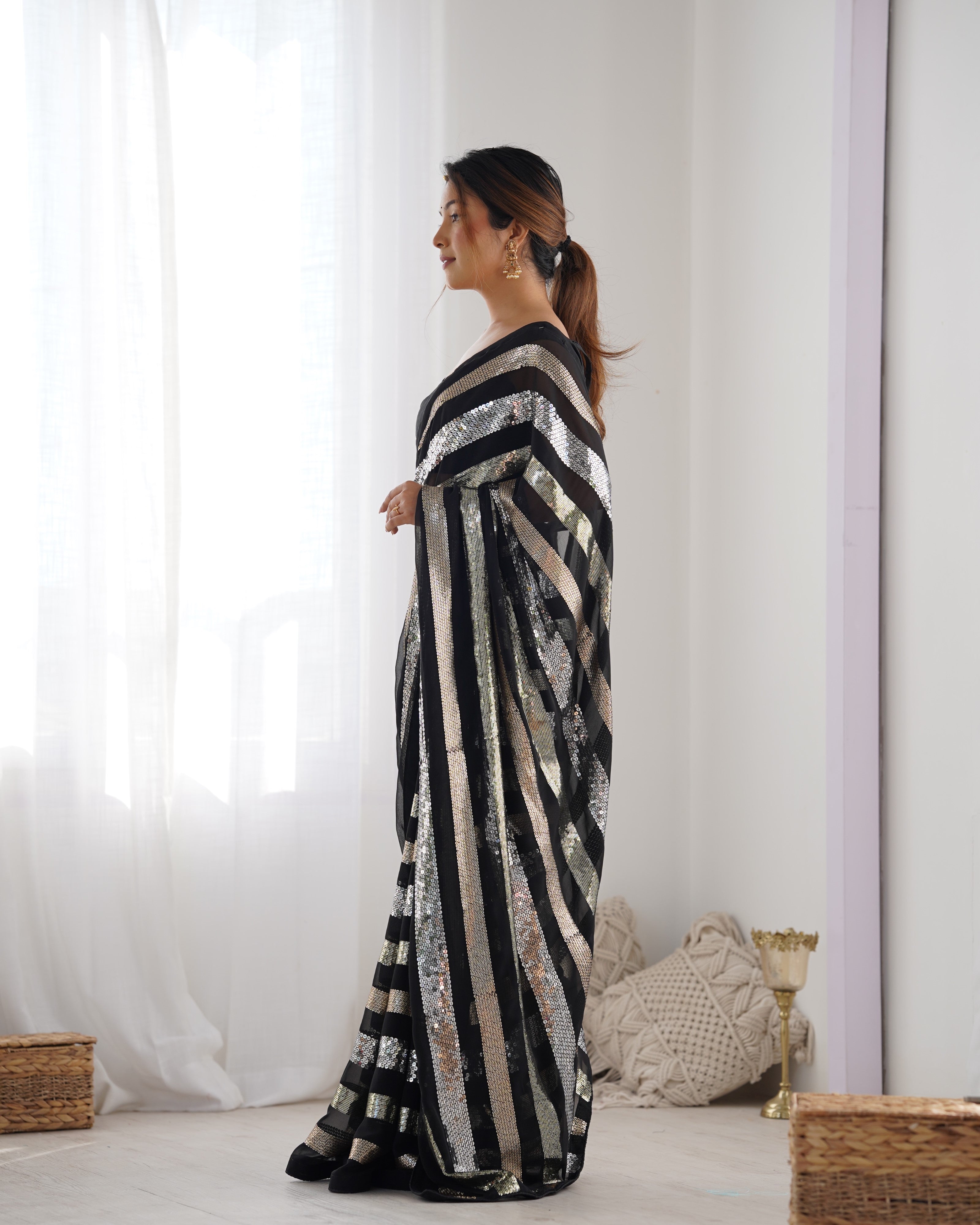 Black Beautiful Georgette Fabric Sequins Work Ceremonial Saree