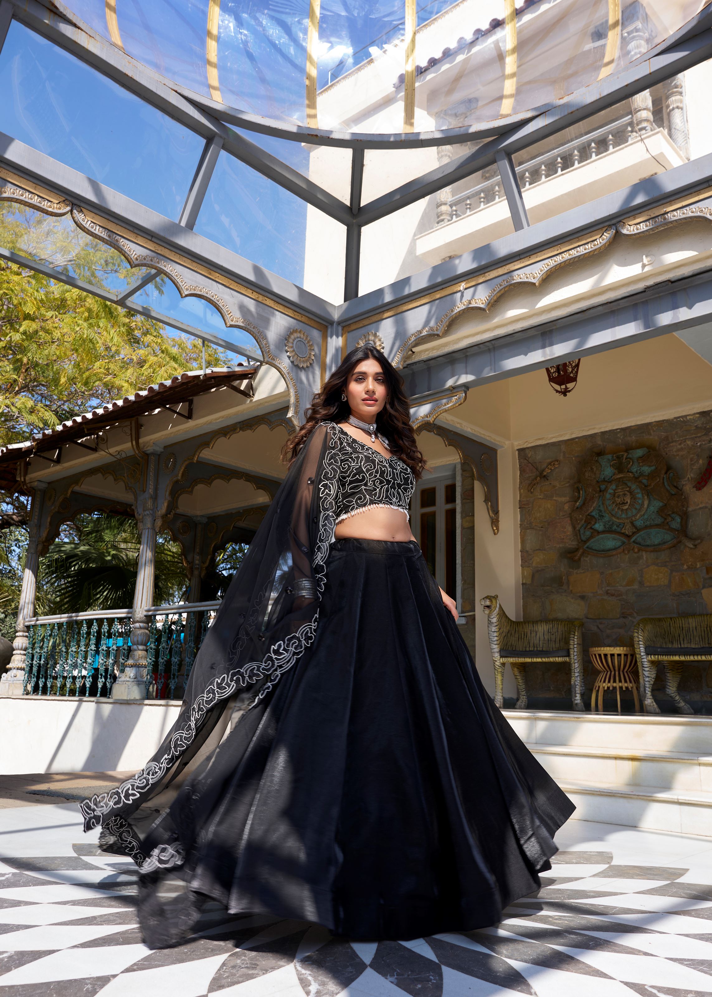 Black Beauty Satin Lehenga with Pearl Coding and Shimmering Sequins
