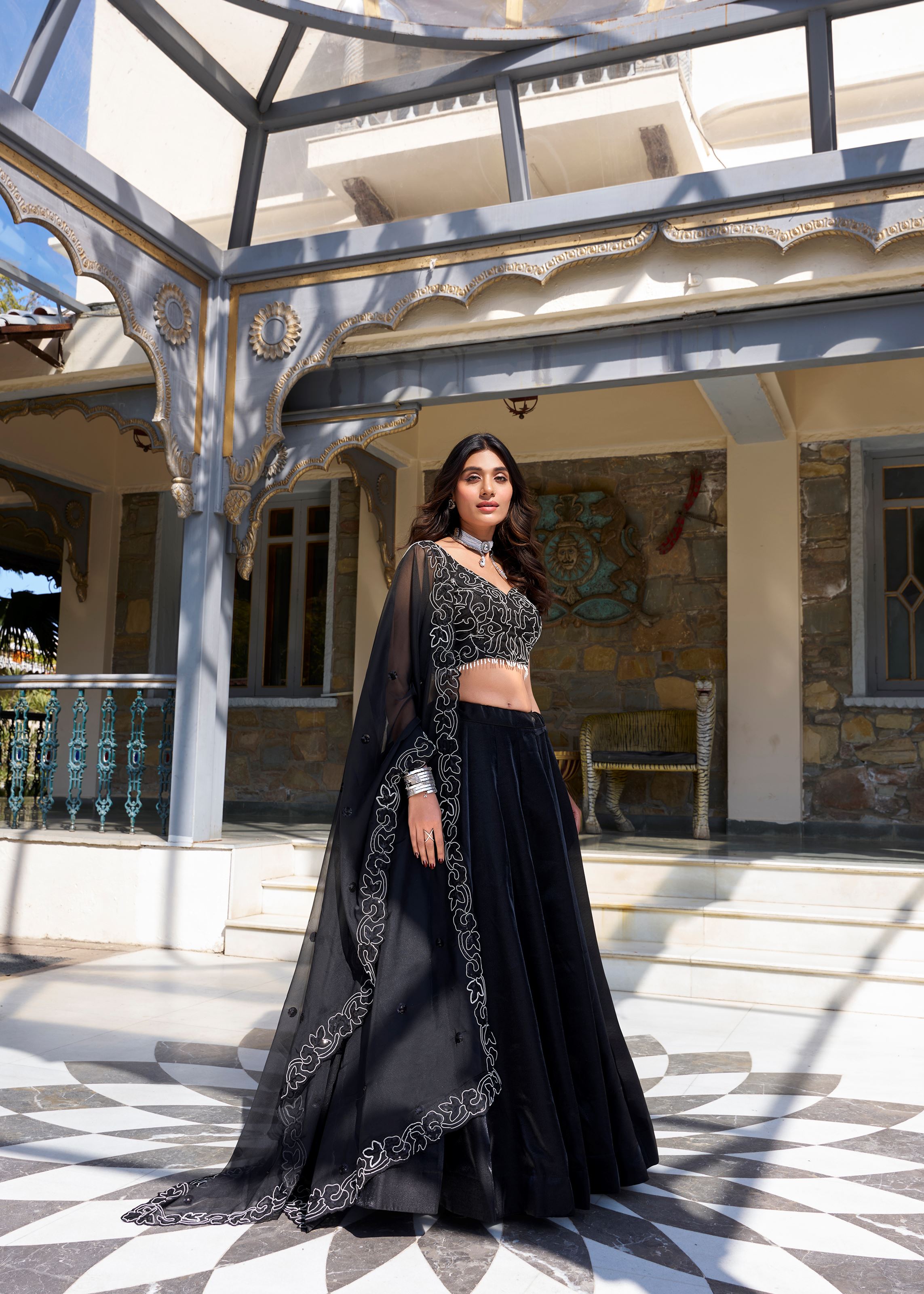 Black Beauty Satin Lehenga with Pearl Coding and Shimmering Sequins