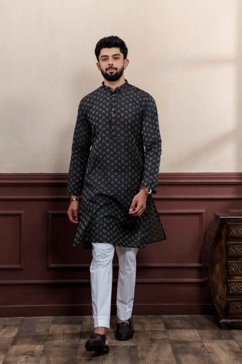 Black Blended Cotton Wevon Dobby Kurta Pajama