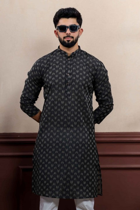 Black Blended Cotton Wevon Dobby Kurta Pajama