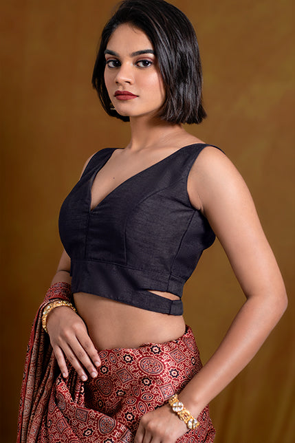 Black Blouse in Art Silk with Plunging V Neckline and Side Cut Outs