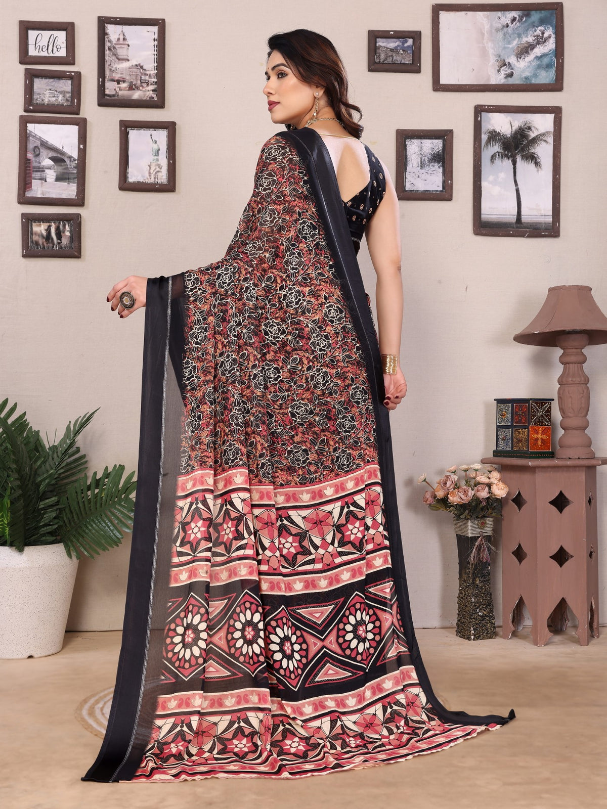 Black Bright Moss Printed Saree With Zari Work