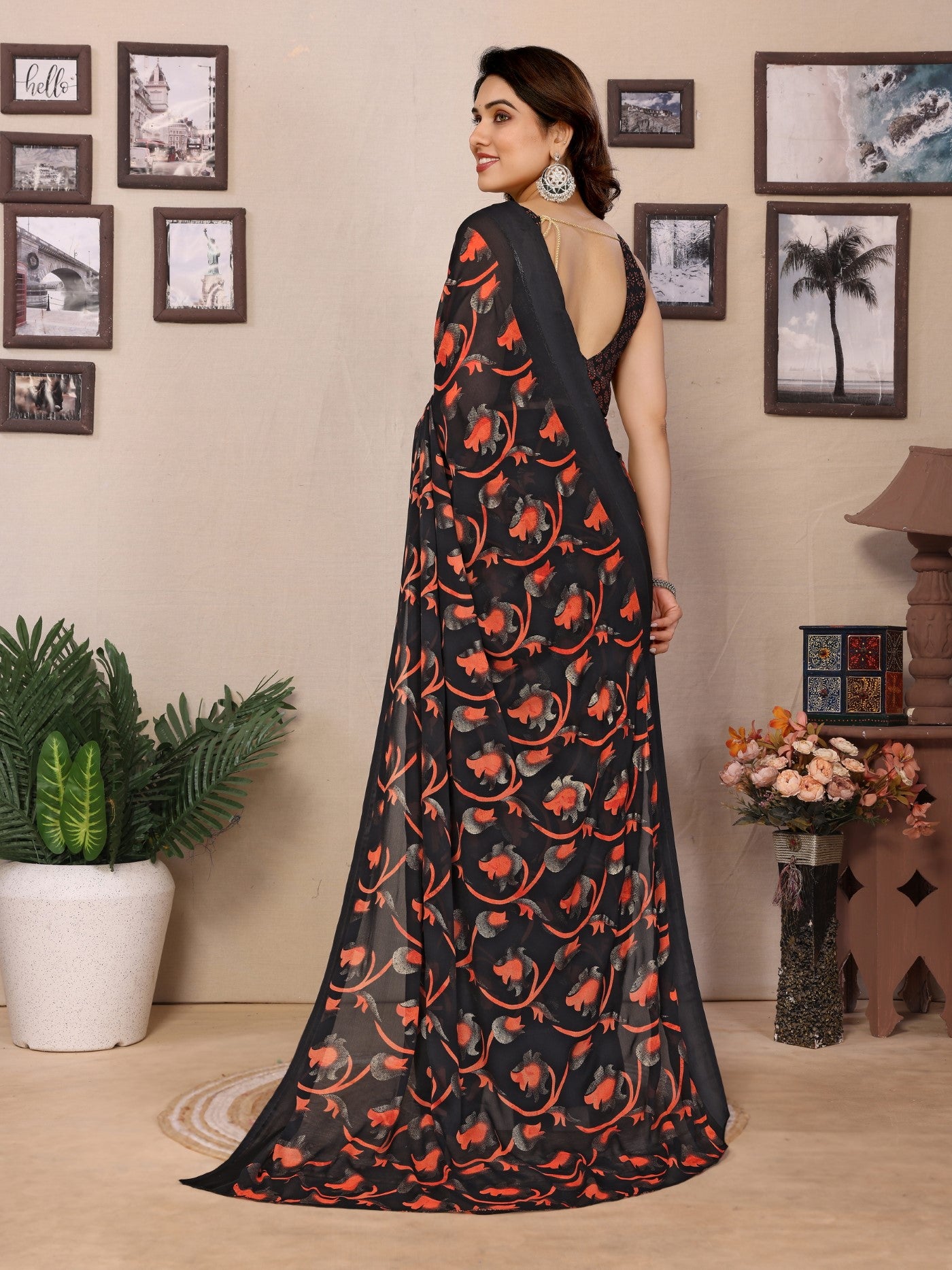 Black Bright Moss Printed Saree With Zari Work