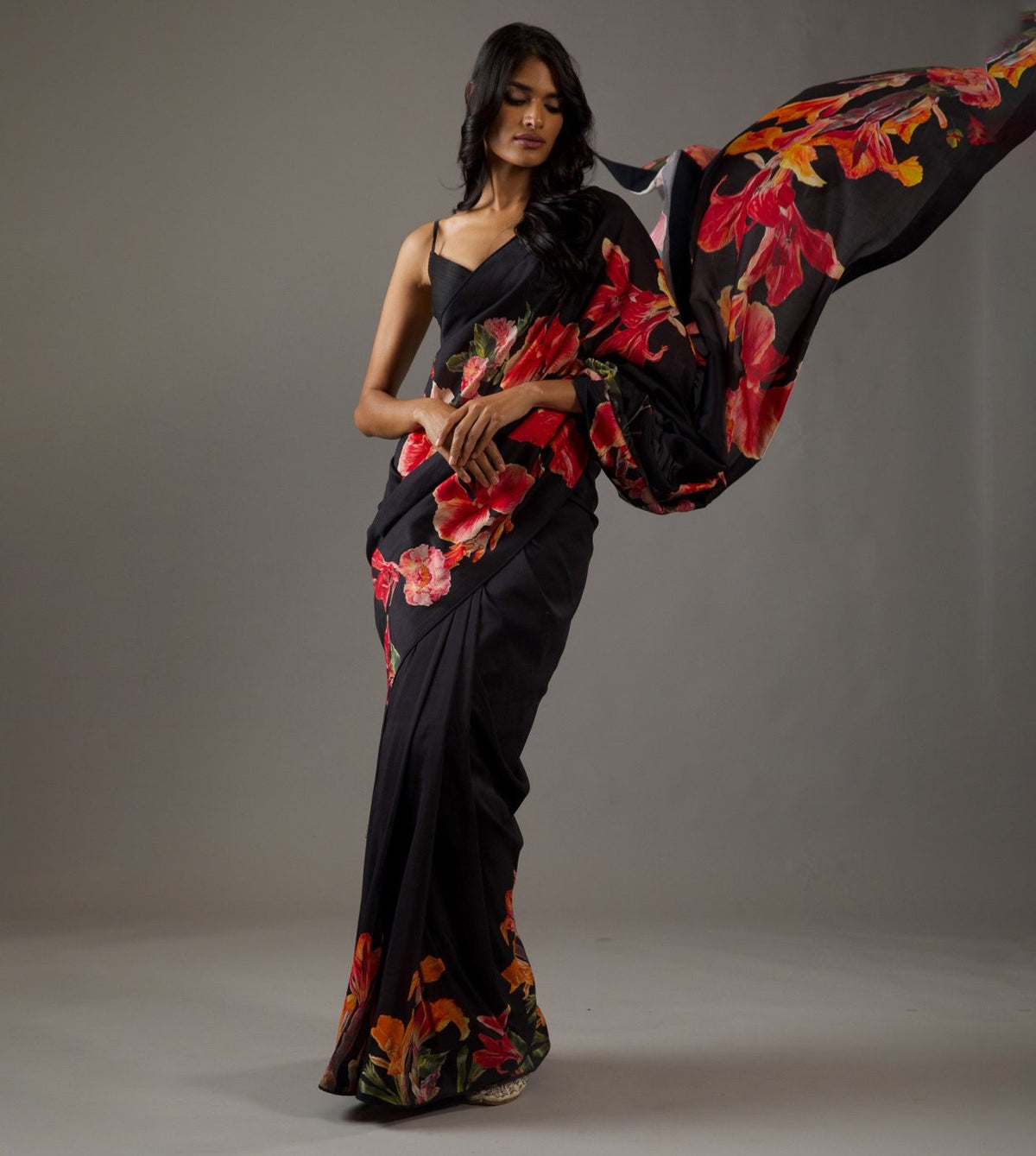 Black Bright Moss Saree With Printed