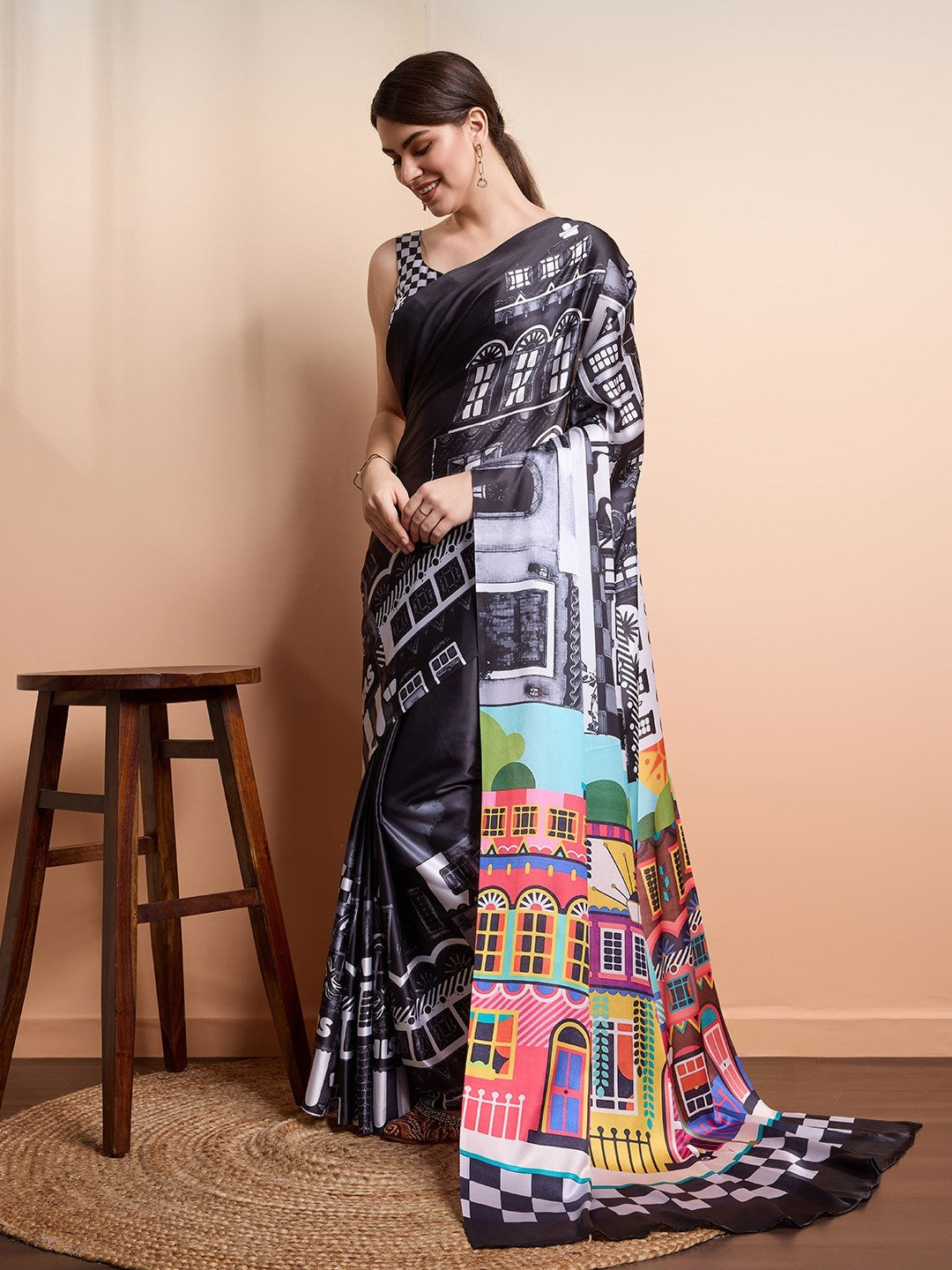 Black Bright Moss Saree With Printed