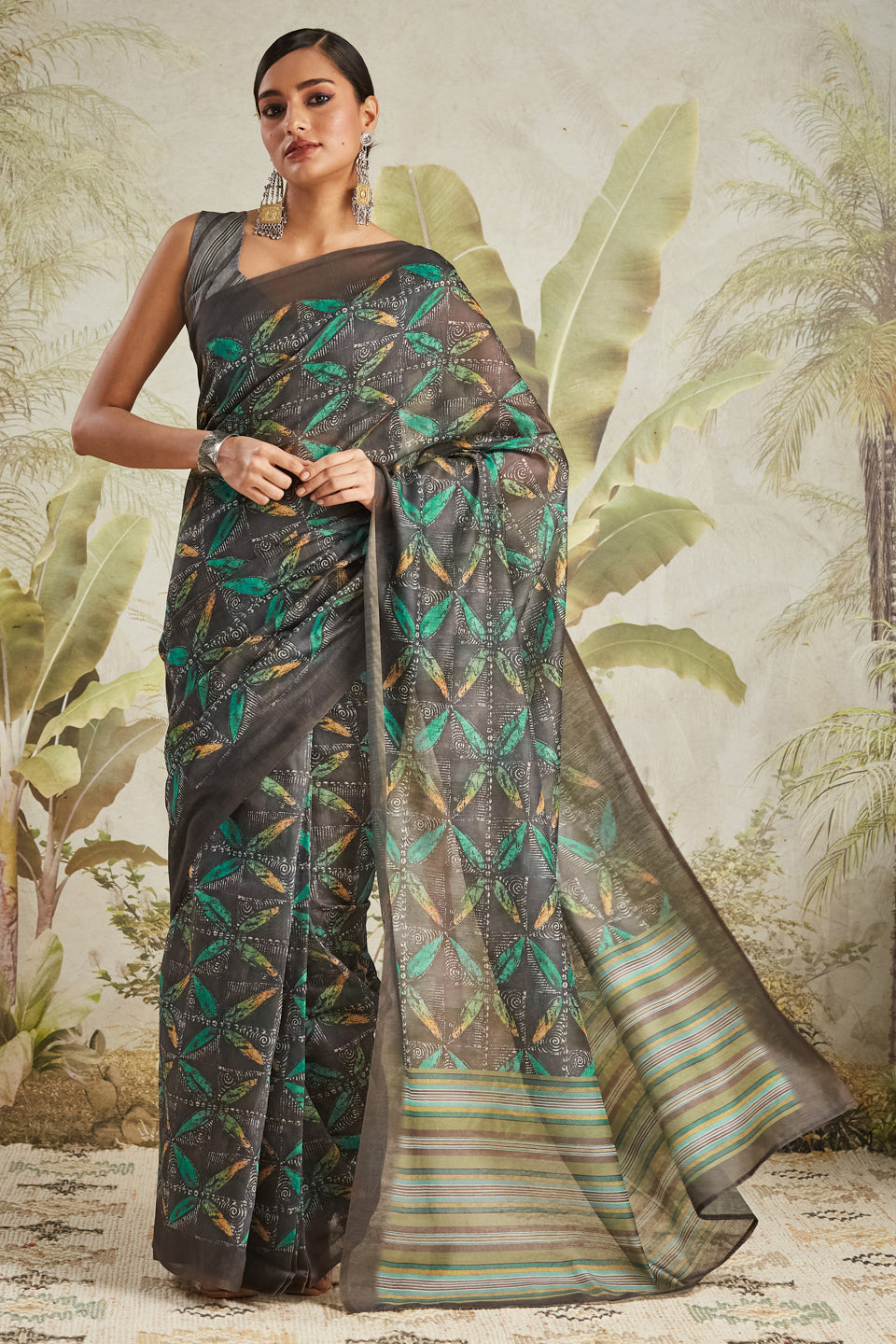 Black Chanderi Cotton Festive Wear Saree With Smart Digital Print