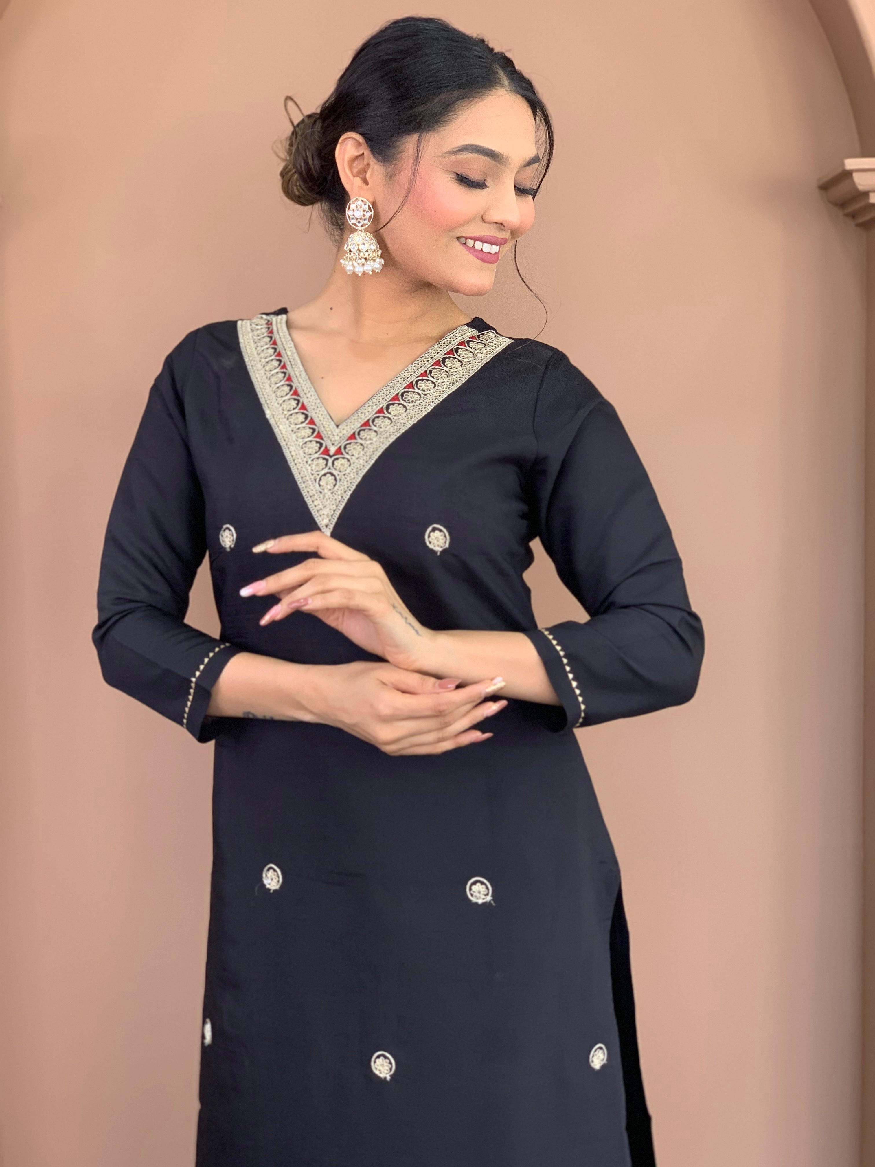 Black Chanderi Viscose Elegant Kurta Pant Set With Embroidery Work