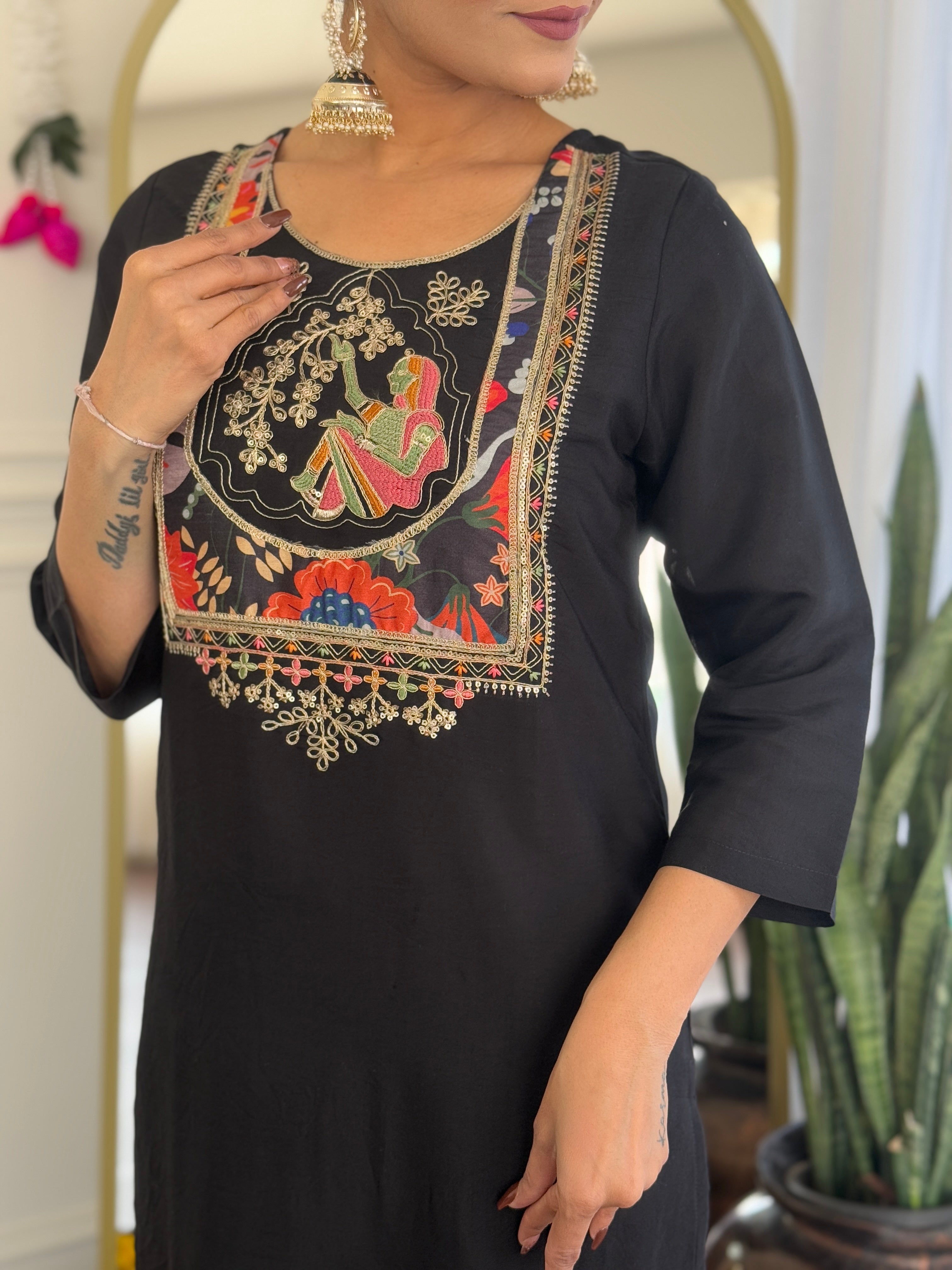 Black Chanderi Viscose Elegant Kurta Pant Set With Embroidery Work