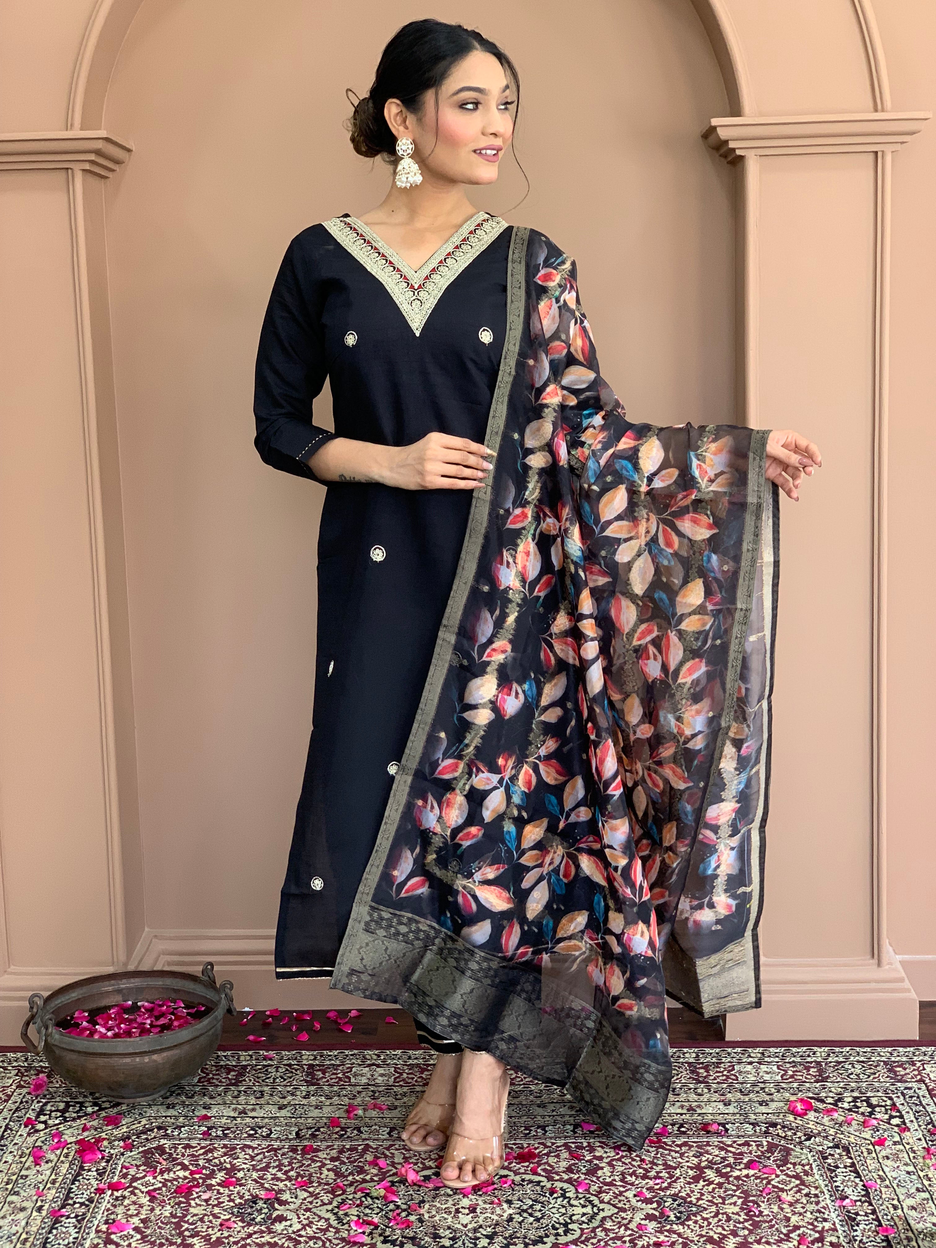 Black Chanderi Viscose Elegant Kurta Pant Set With Embroidery Work