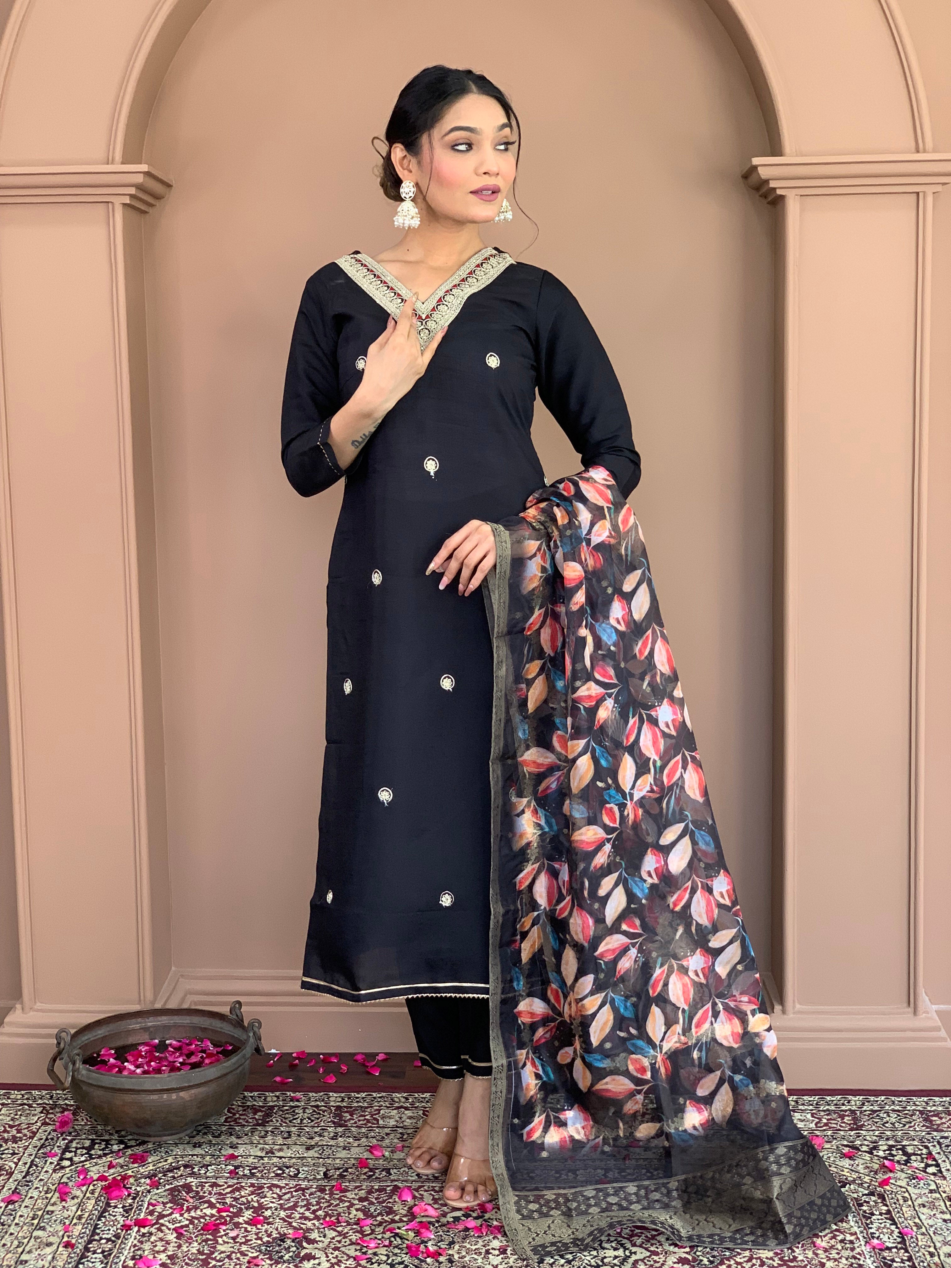 Black Chanderi Viscose Elegant Kurta Pant Set With Embroidery Work