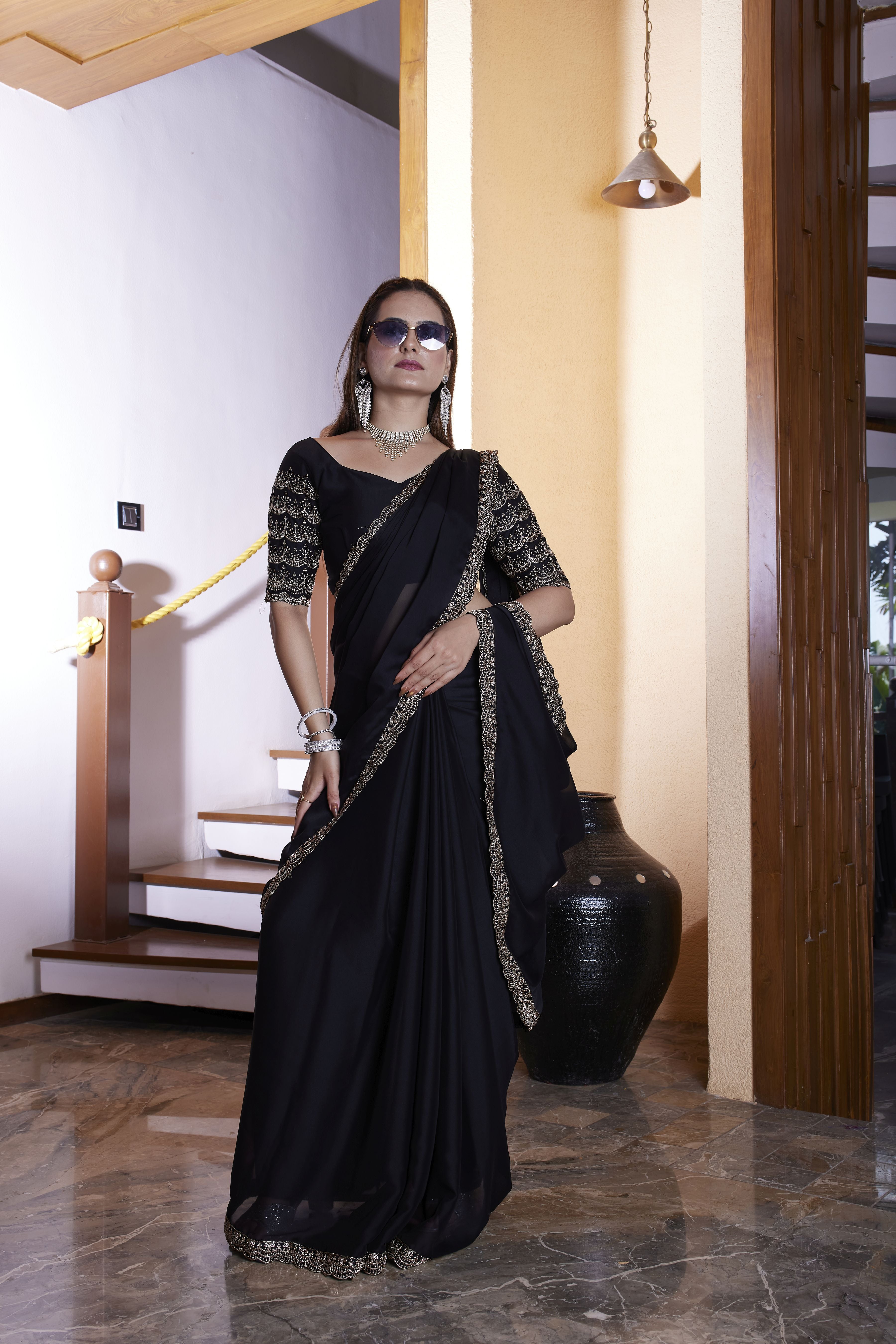 Black Chiffon Designer Embroidered Ceremonial Saree