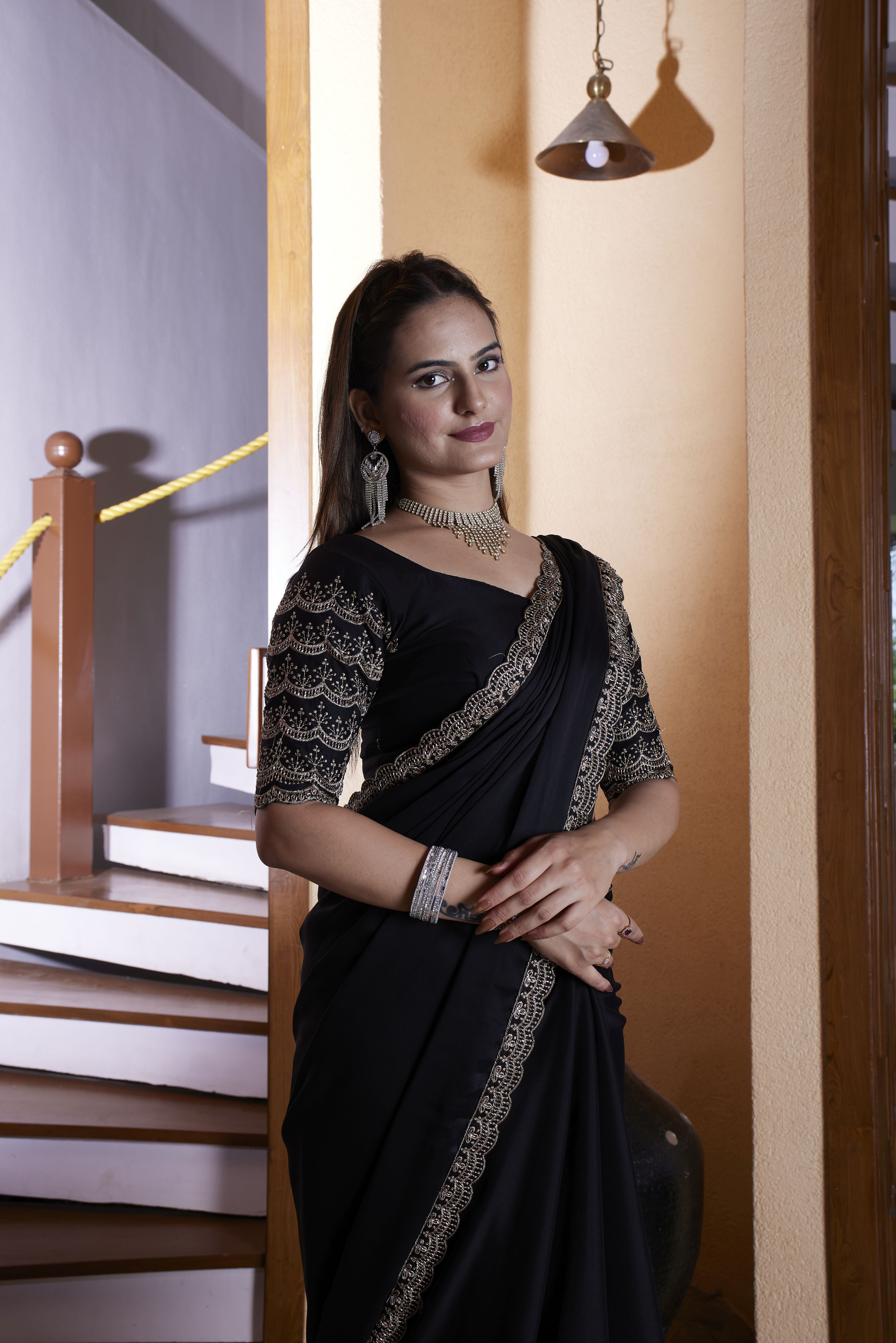 Black Chiffon Designer Embroidered Ceremonial Saree