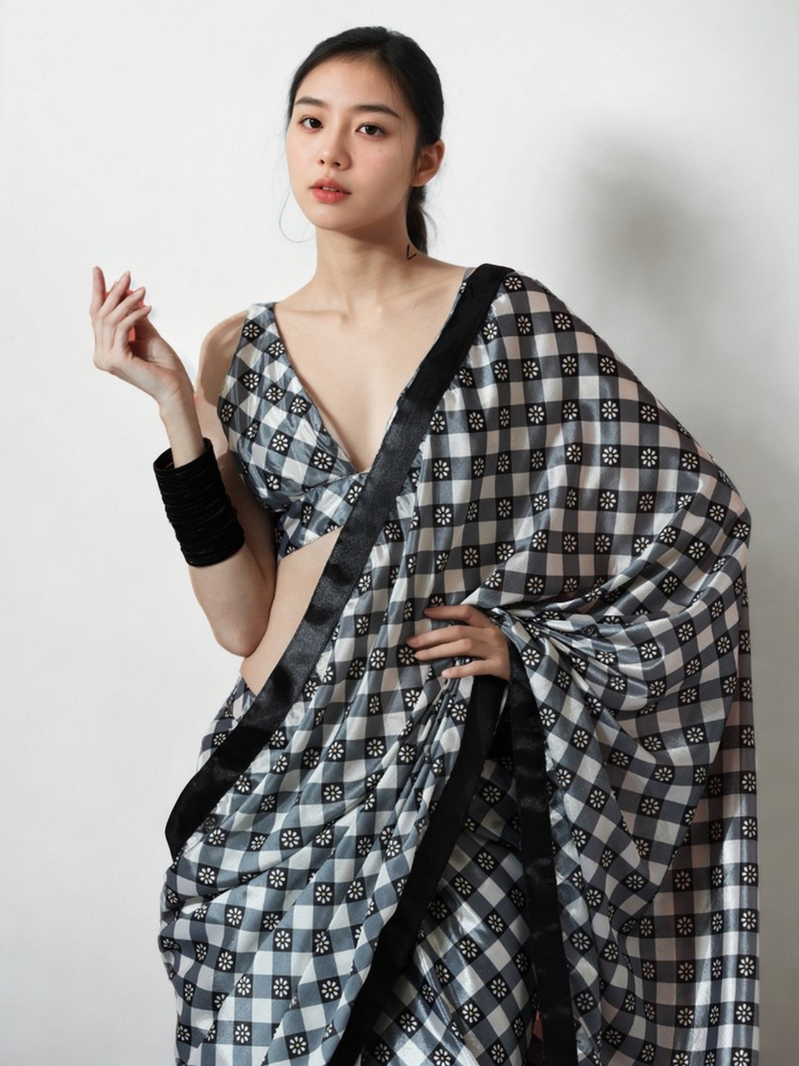 Black Chinnon Digital Print & Lace Border Trendy Ready To Wear Saree