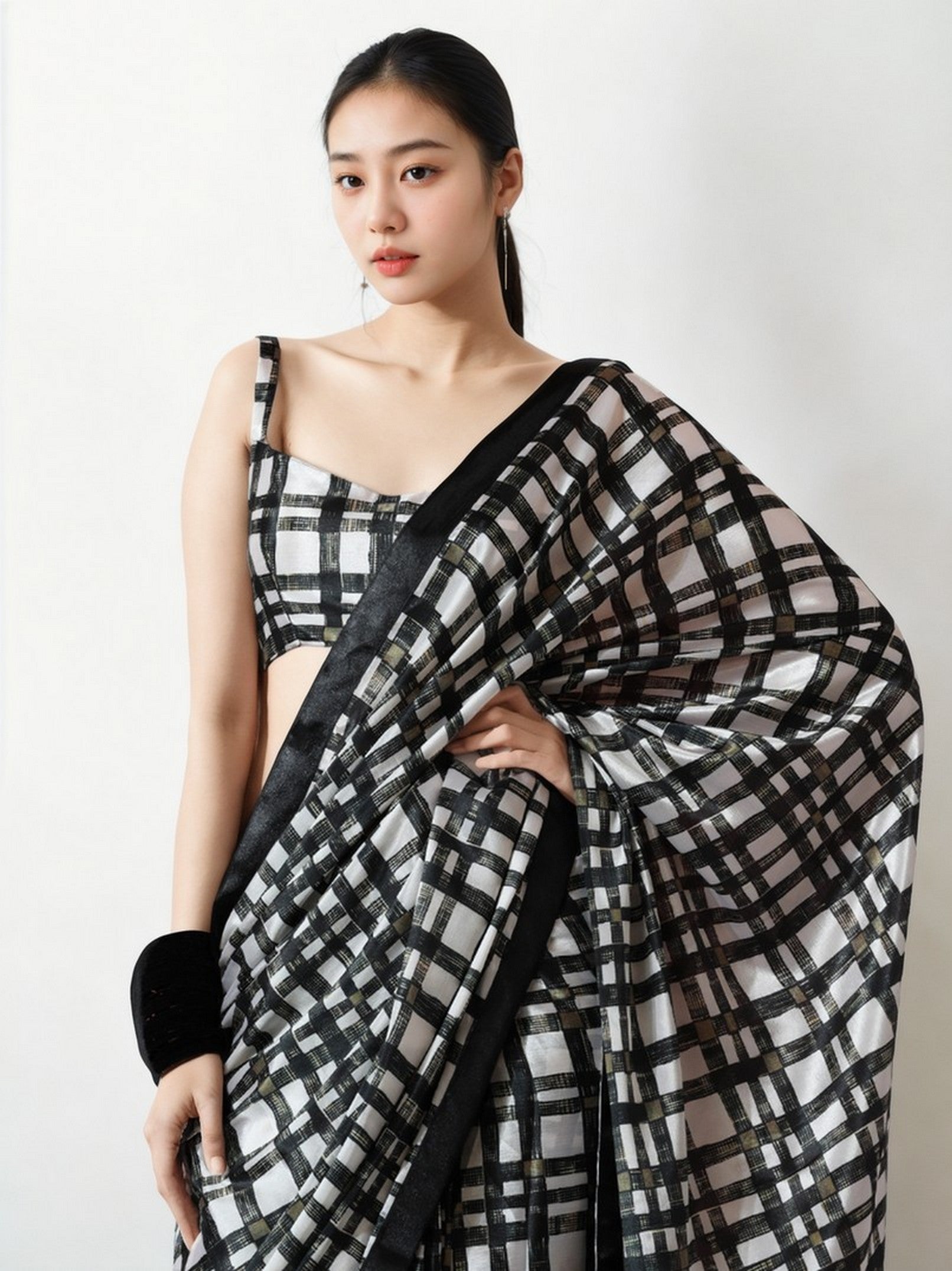 Black Chinnon Digital Print & Lace Border Trendy Ready To Wear Saree