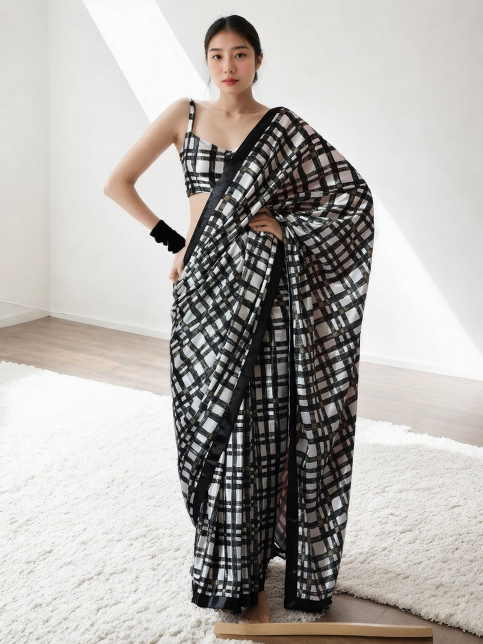 Black Chinnon Digital Print & Lace Border Trendy Ready To Wear Saree