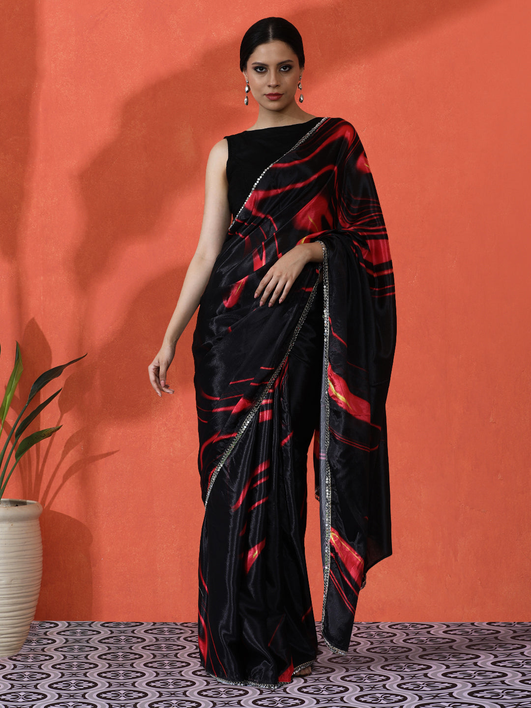 Black Chinon Designer Digital Printed Girlie Partywear Saree