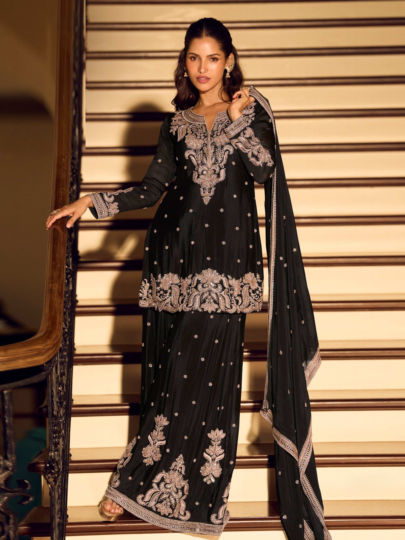 Black Chinon Designer Suit Set With Elegant Embroidery