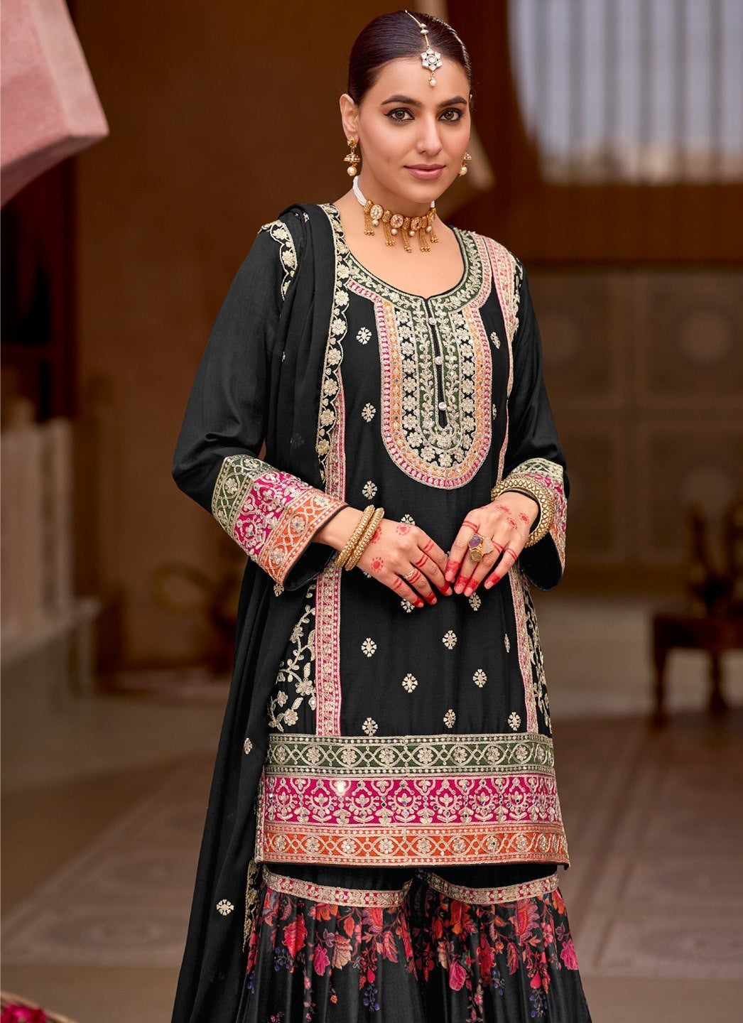 Black Chinon Designer Suit Set With Elegant Embroidery