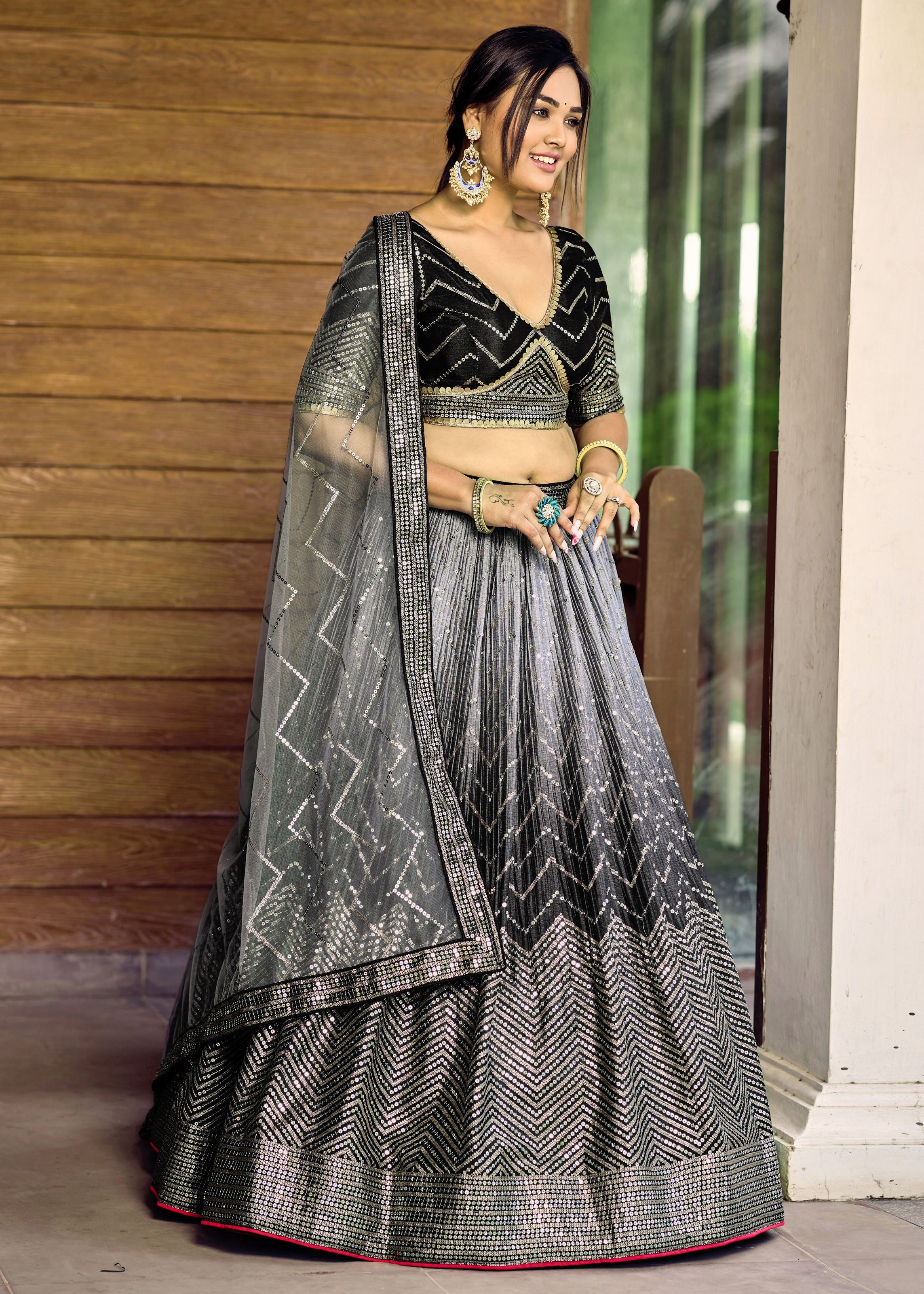 Black Chinon Lehenga Choli With Sequins, Thread Embroidery Work