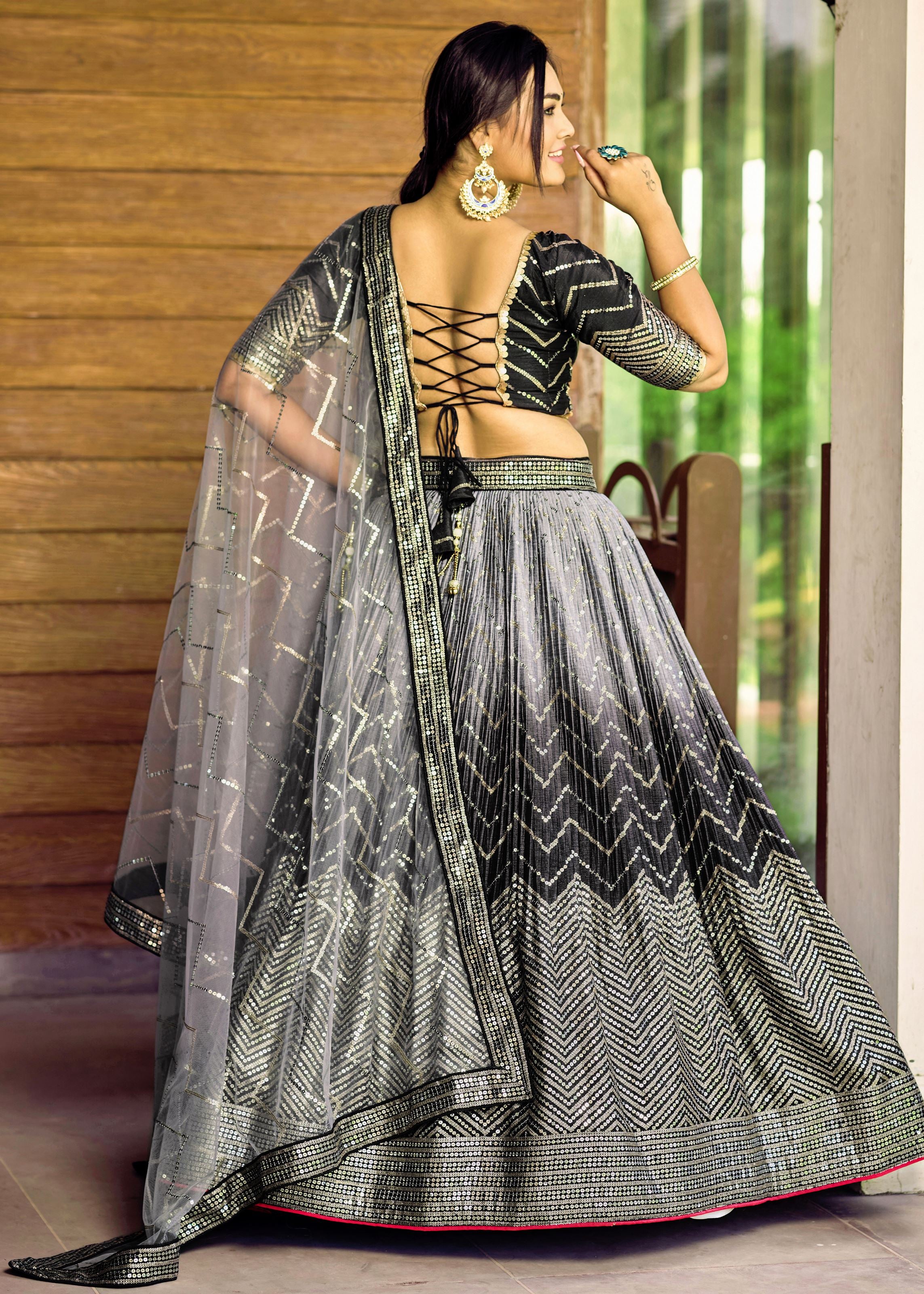 Black Chinon Lehenga Choli With Sequins, Thread Embroidery Work