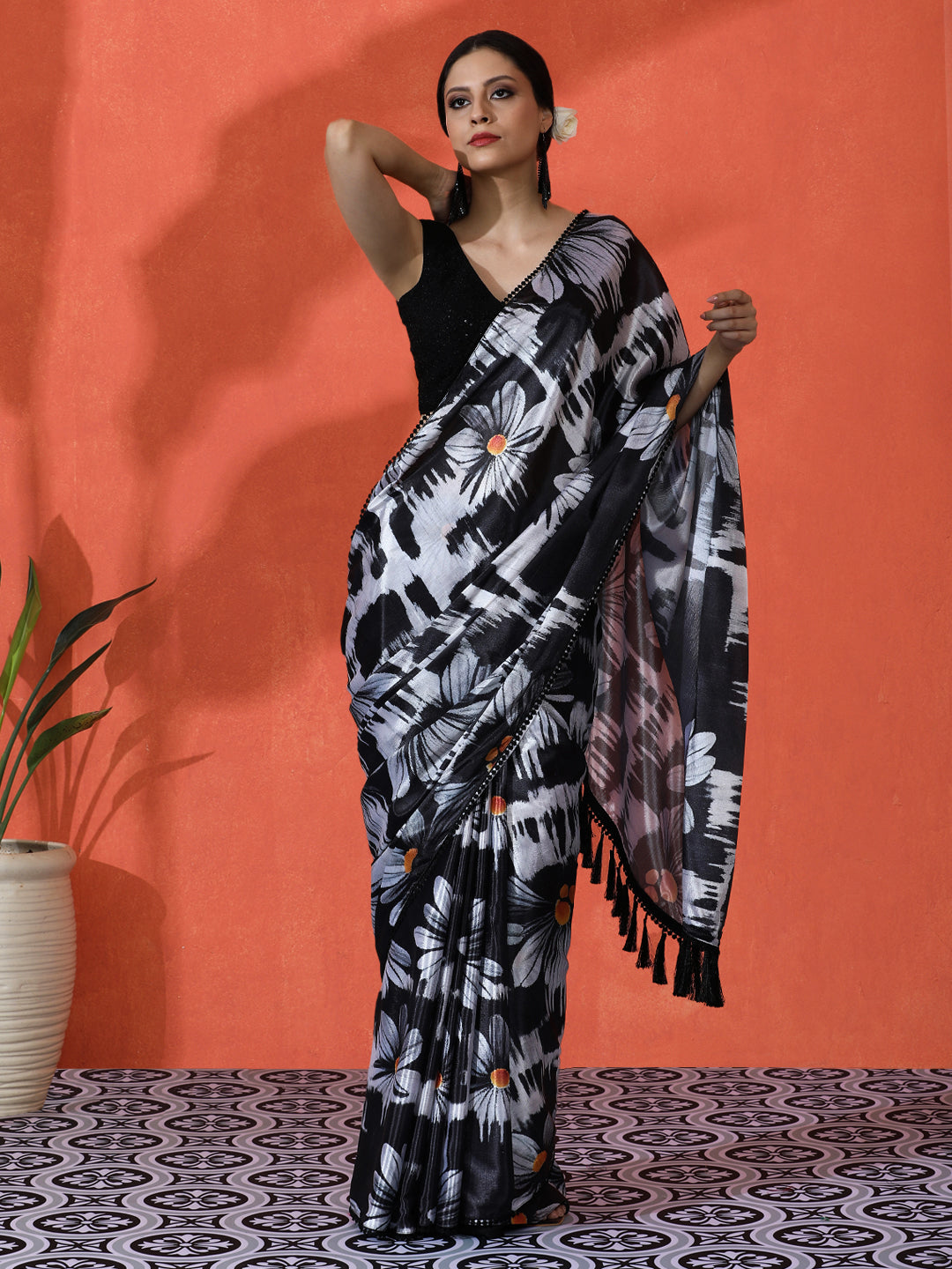 Black Chinon Saree With Beautiful Digital Print For Ceremonial Wear