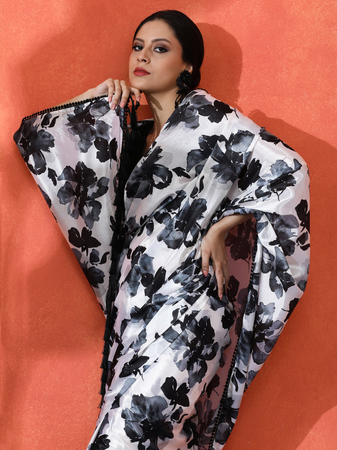 Black Chinon Saree With Beautiful Digital Print For Ceremonial Wear