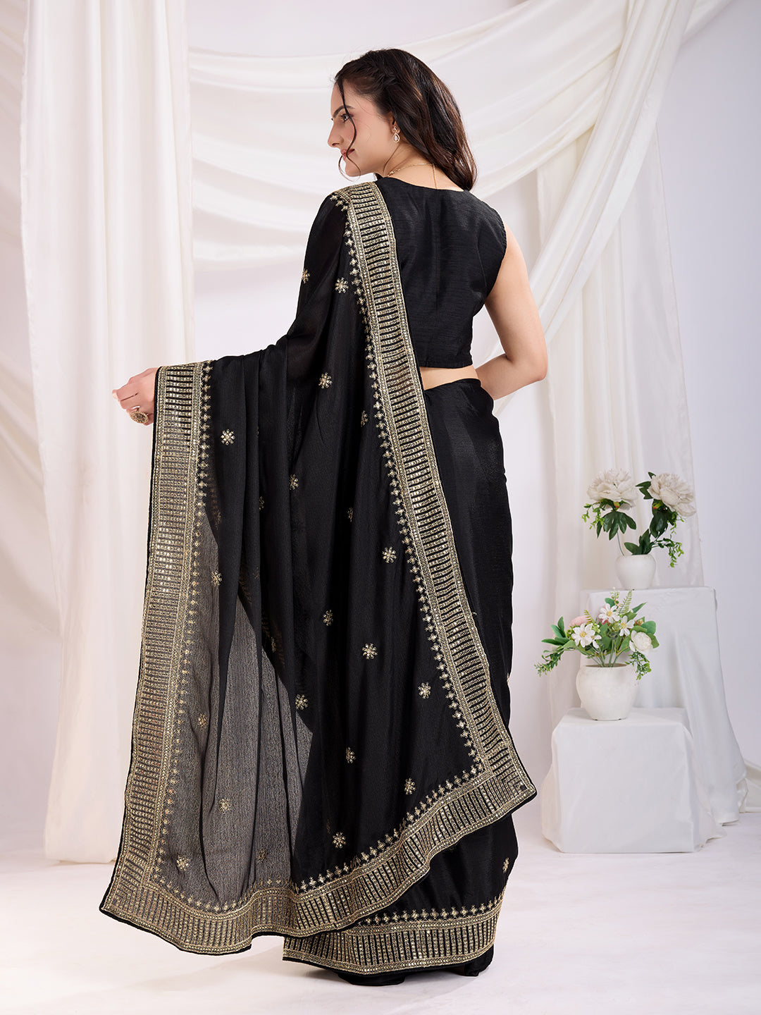 Black Chinon Silk Desigenr Zari Embroidered Ceremonial Saree