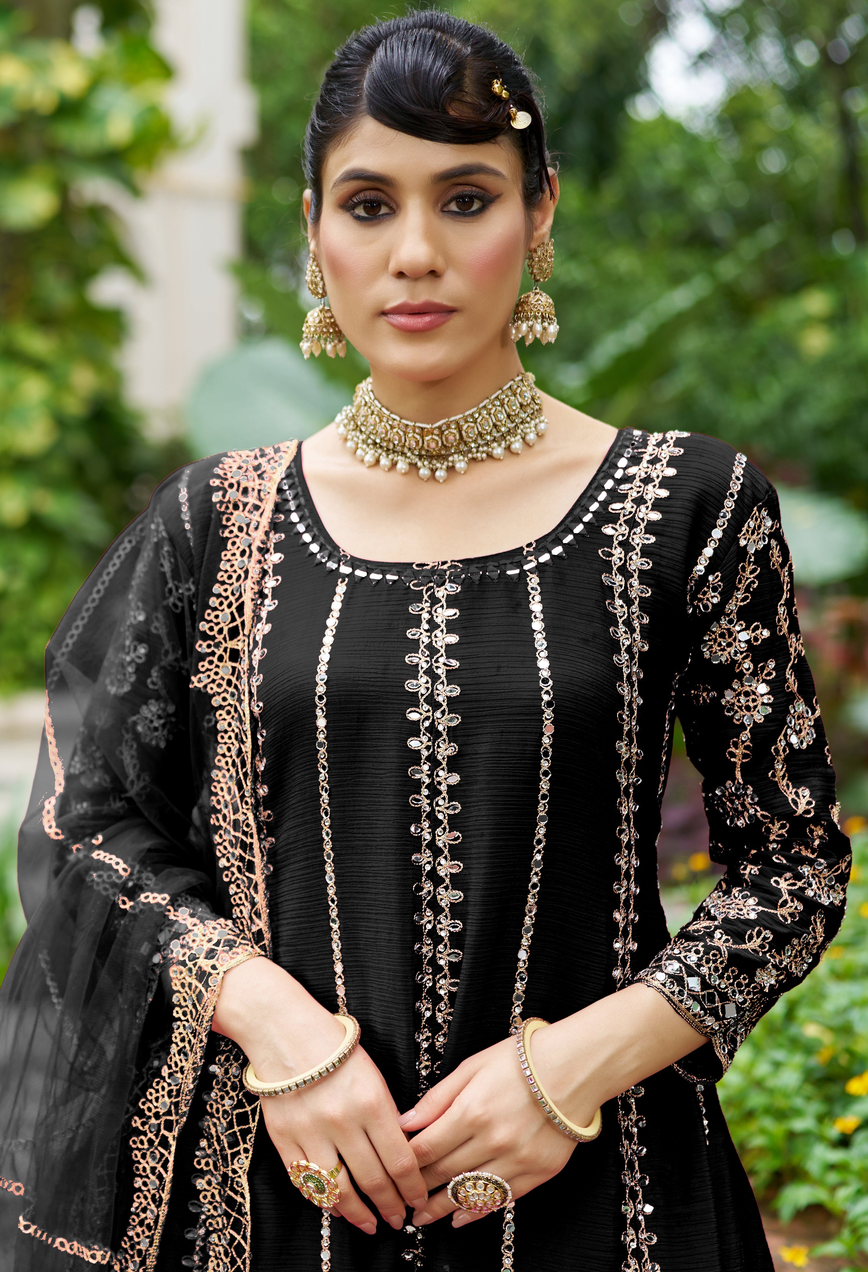Black Chinon Silk Salwar Suit With Real Mirror Work