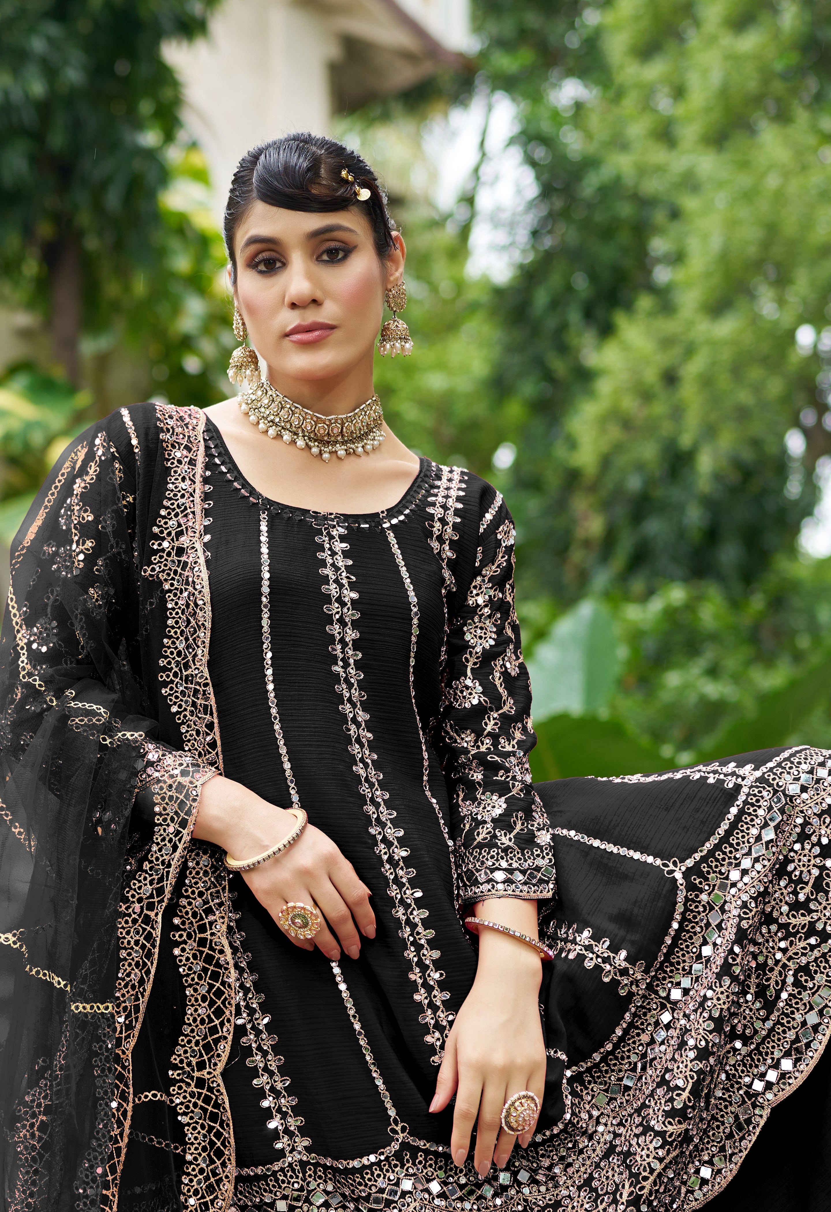 Black Chinon Silk Salwar Suit With Real Mirror Work